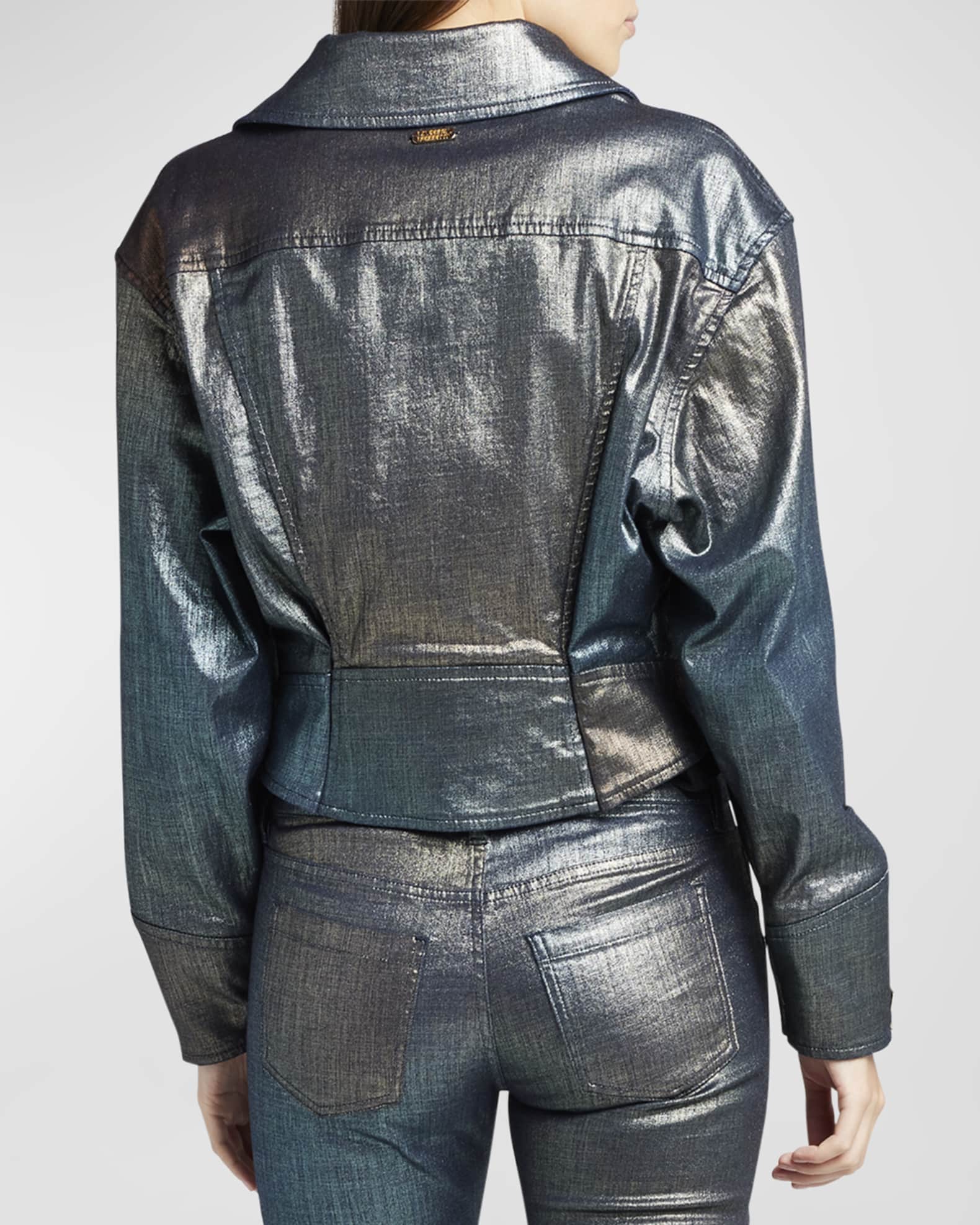 Alberta Ferretti Metallic Coated Denim Moto Jacket Neiman Marcus