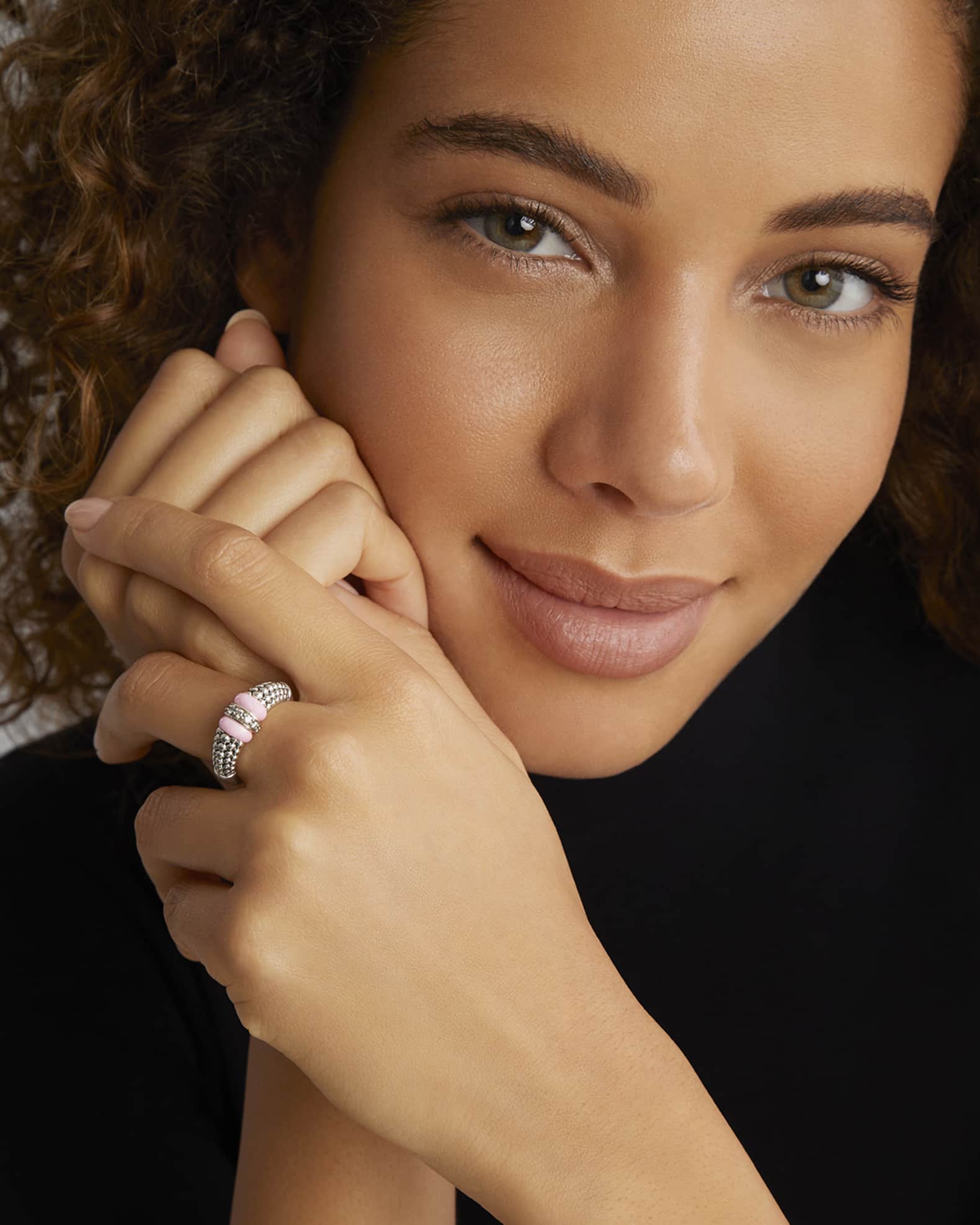 Sterling Silver Pink Caviar  Diamond Small 1 Link Ring 1