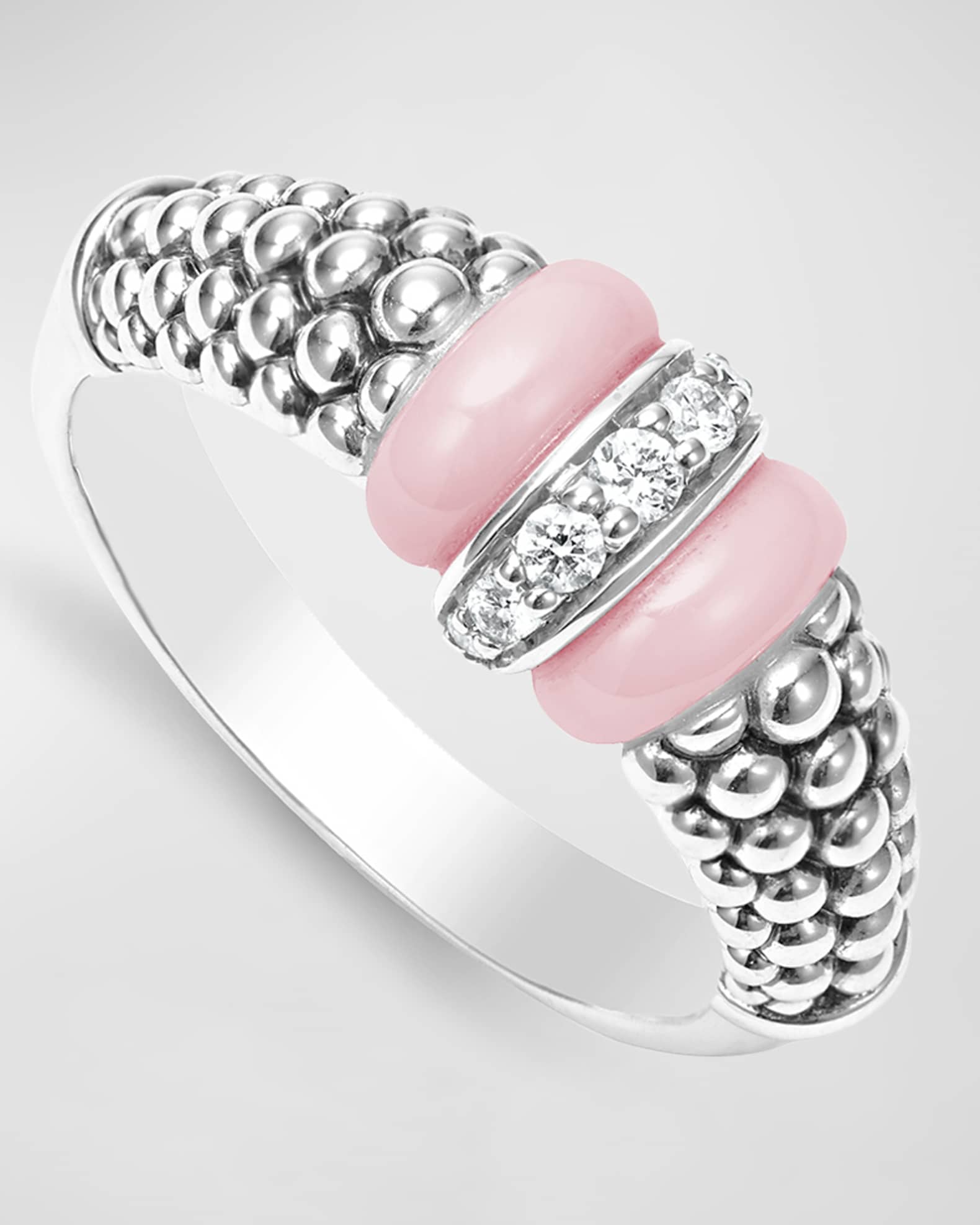 Sterling Silver Pink Caviar  Diamond Small 1 Link Ring 0