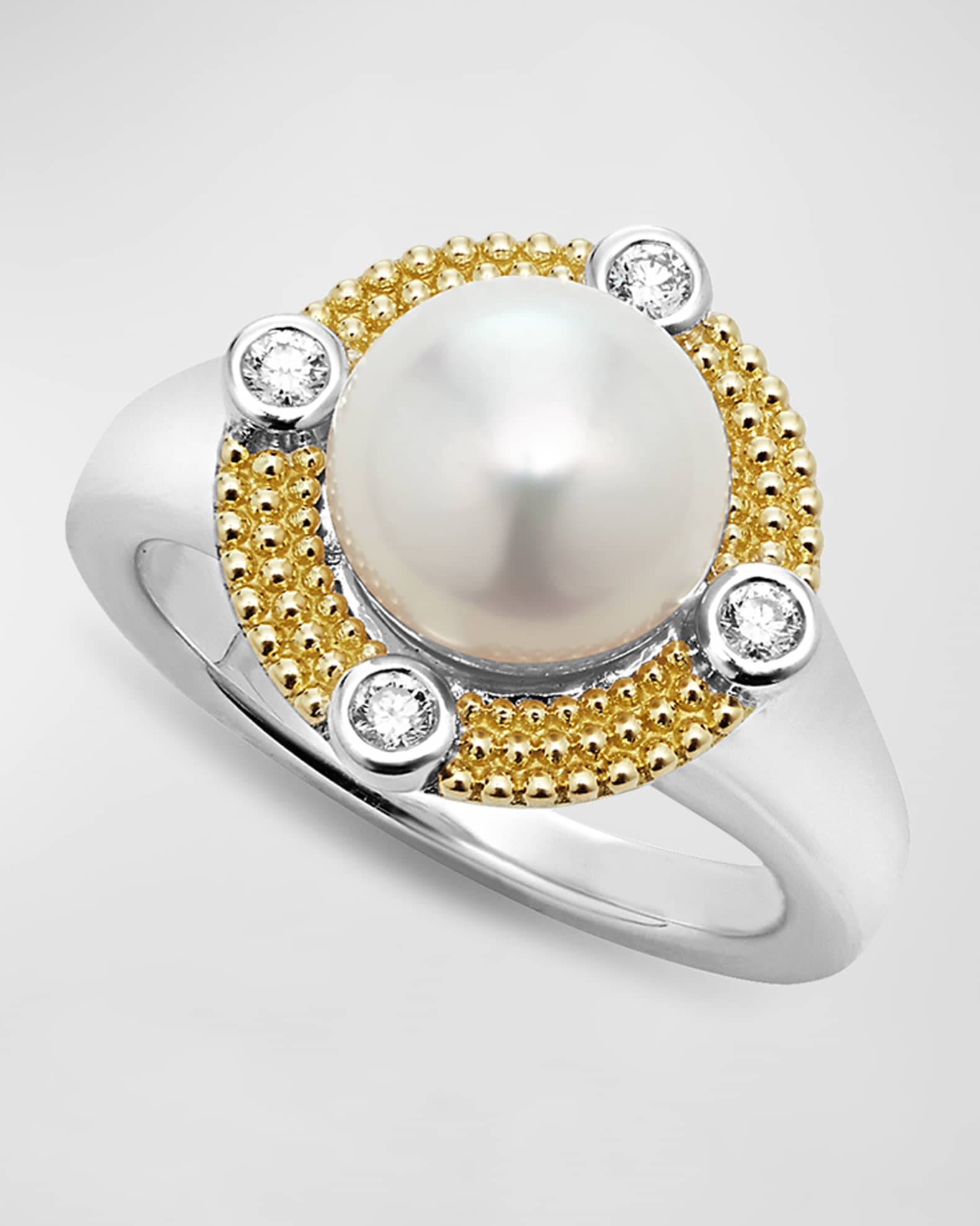 LAGOS Sterling Silver and 18K Luna Pearl Lux with Diamond Ring, Size 7