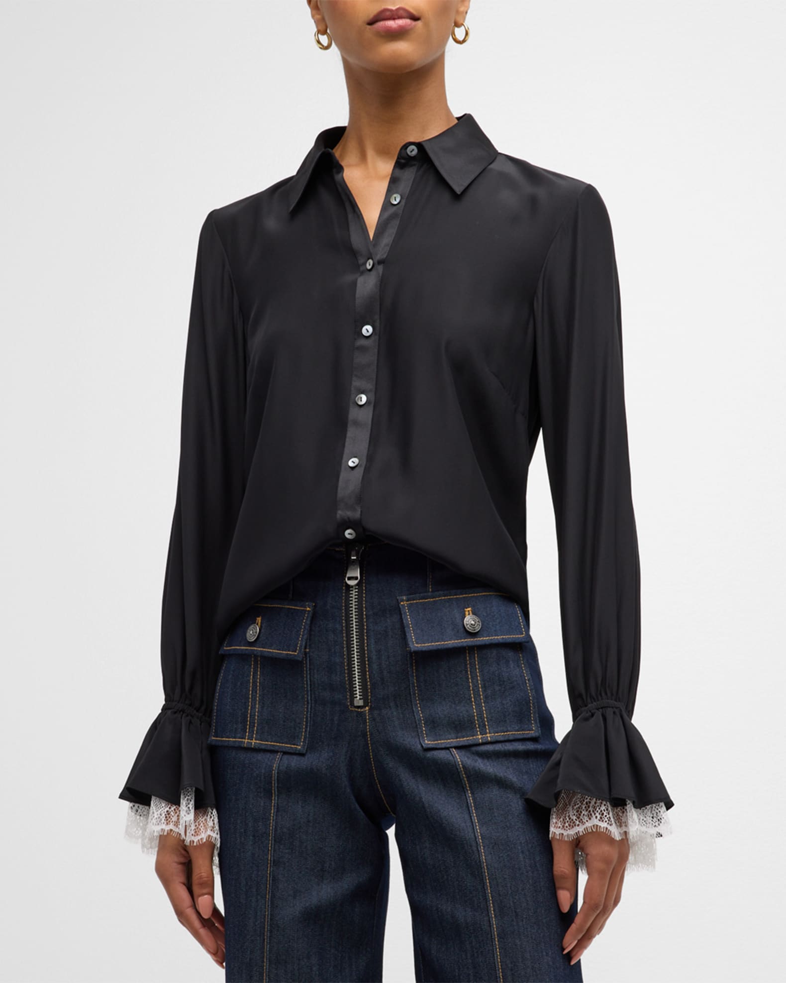Cinq a Sept Roxie Silk Poet-Sleeve Button-Front Shirt | Neiman Marcus
