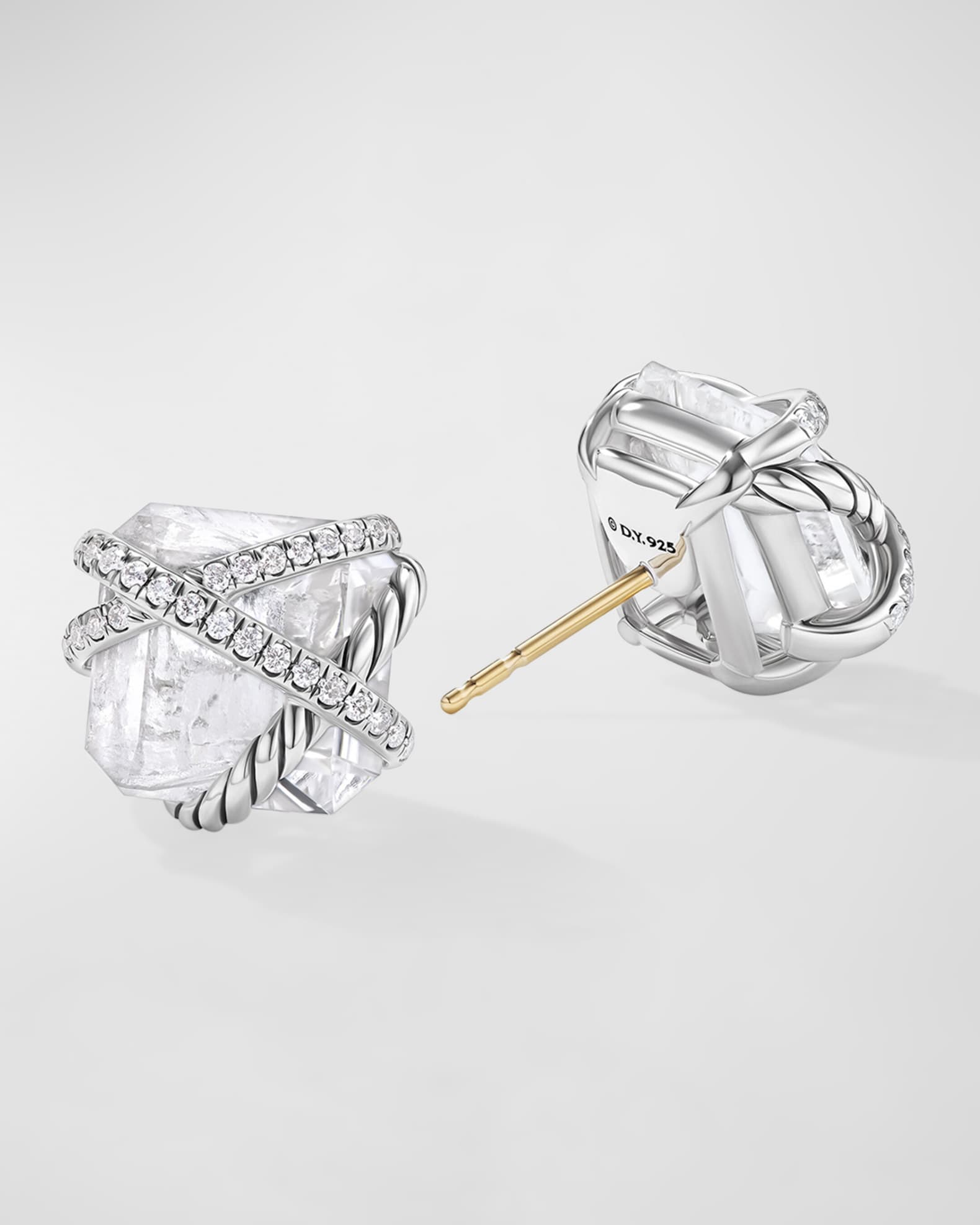 David Yurman Cable Wrap Stud Earrings with Crystal and Diamonds in Silver 12mm Neiman Marcus