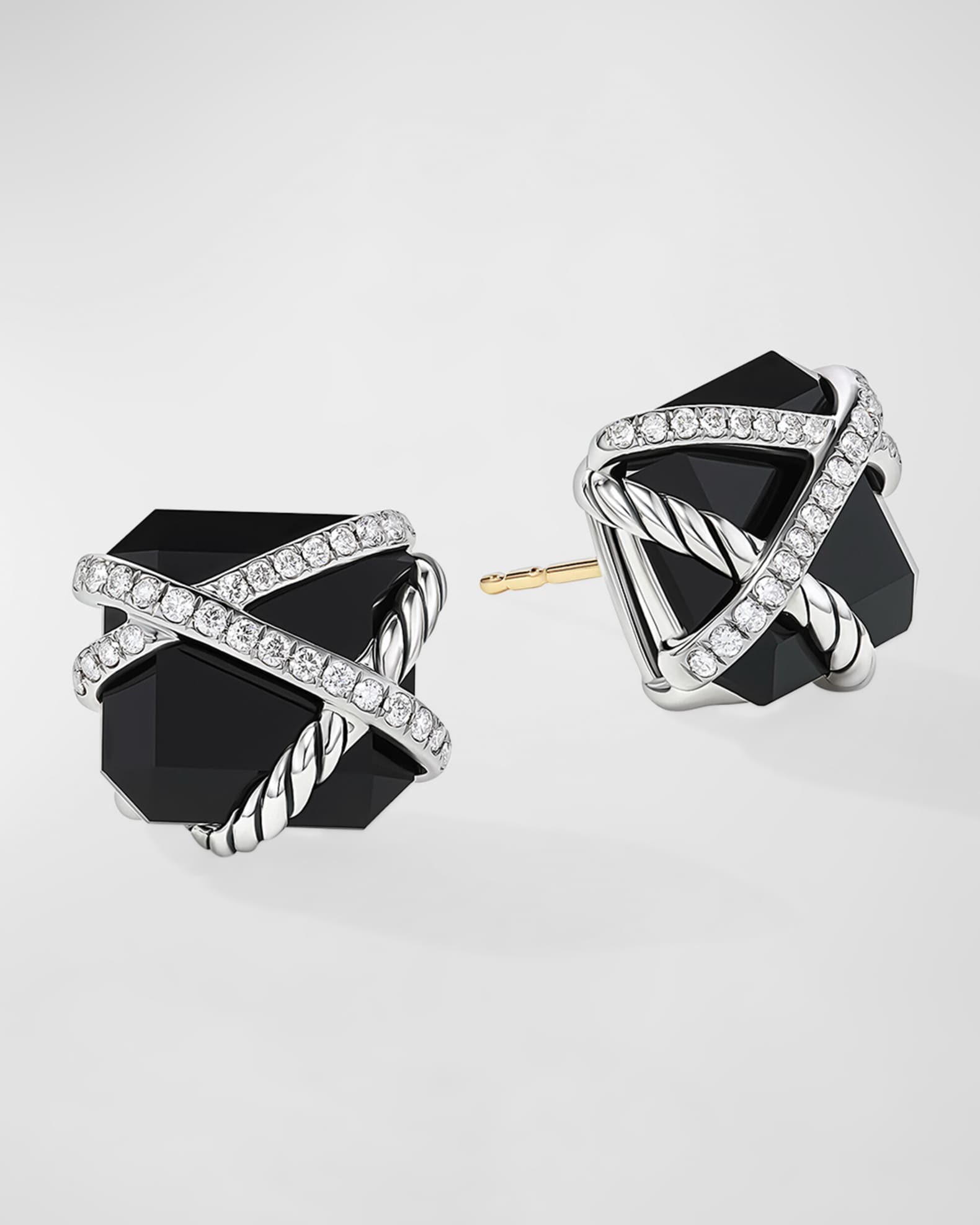 David Yurman Cable Wrap Stud Earrings with Black Onyx and Diamonds in Silver 12mm Neiman Marcus