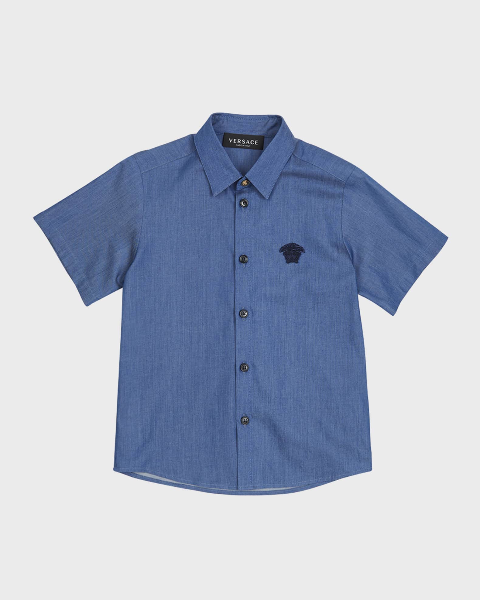 Versace Boy s Chambray Medusa Embroidered Short Sleeve Shirt Size 8 14