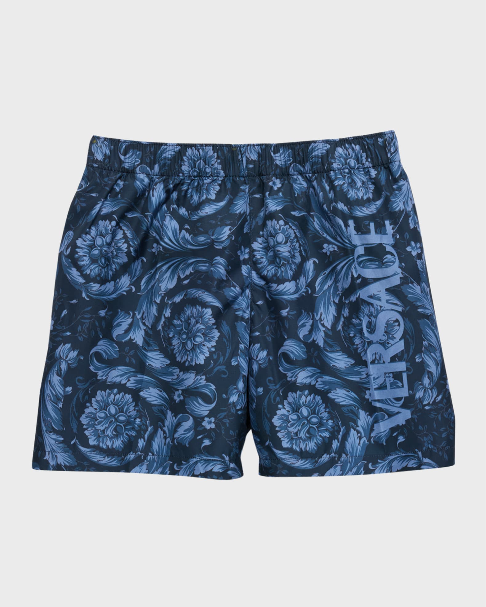 Boy's Barocco-Print Nylon Swim Shorts, Size 4-6
