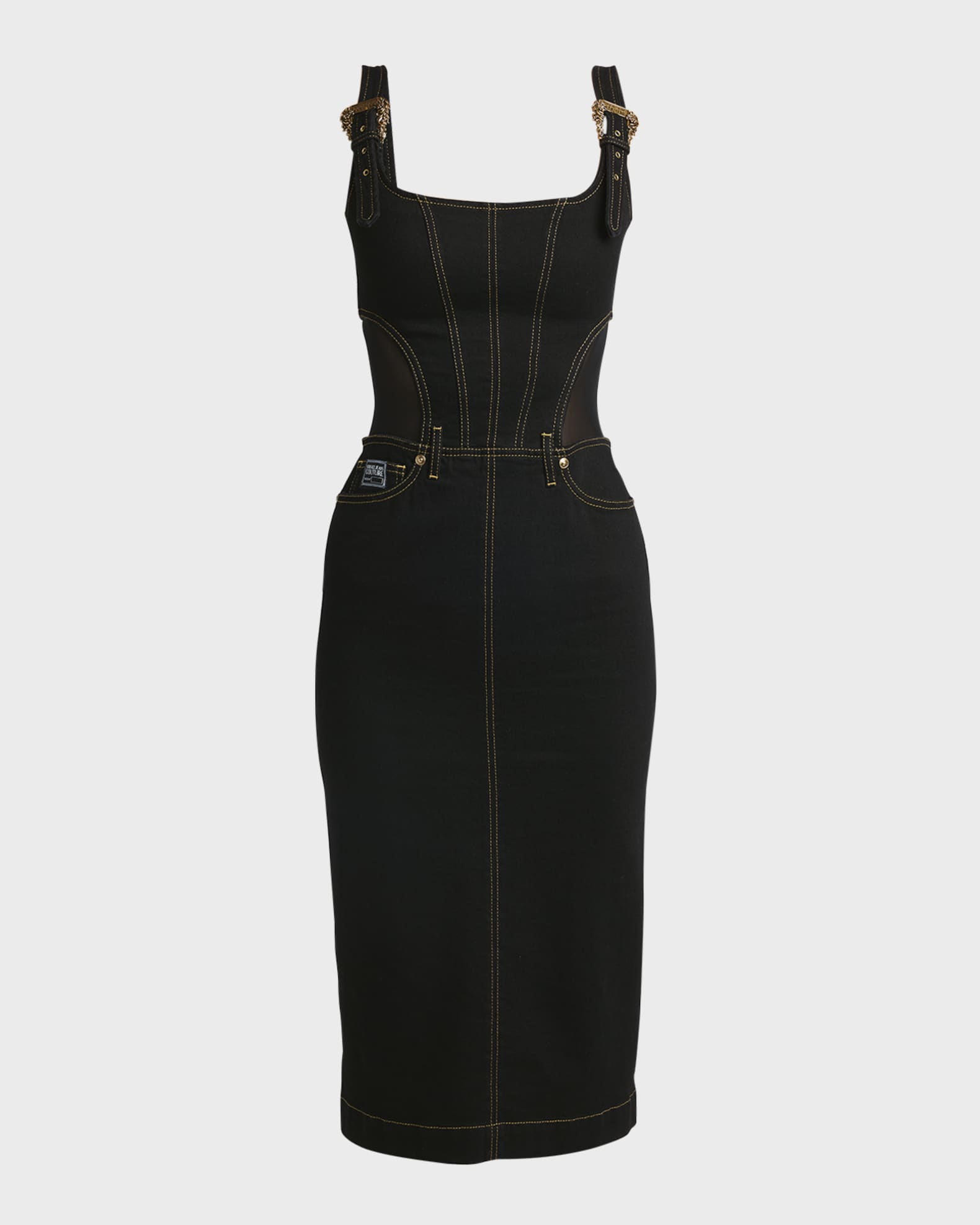 Versace Jeans Couture Denim Buckle-Strap Midi Bodycon Dress | Neiman Marcus