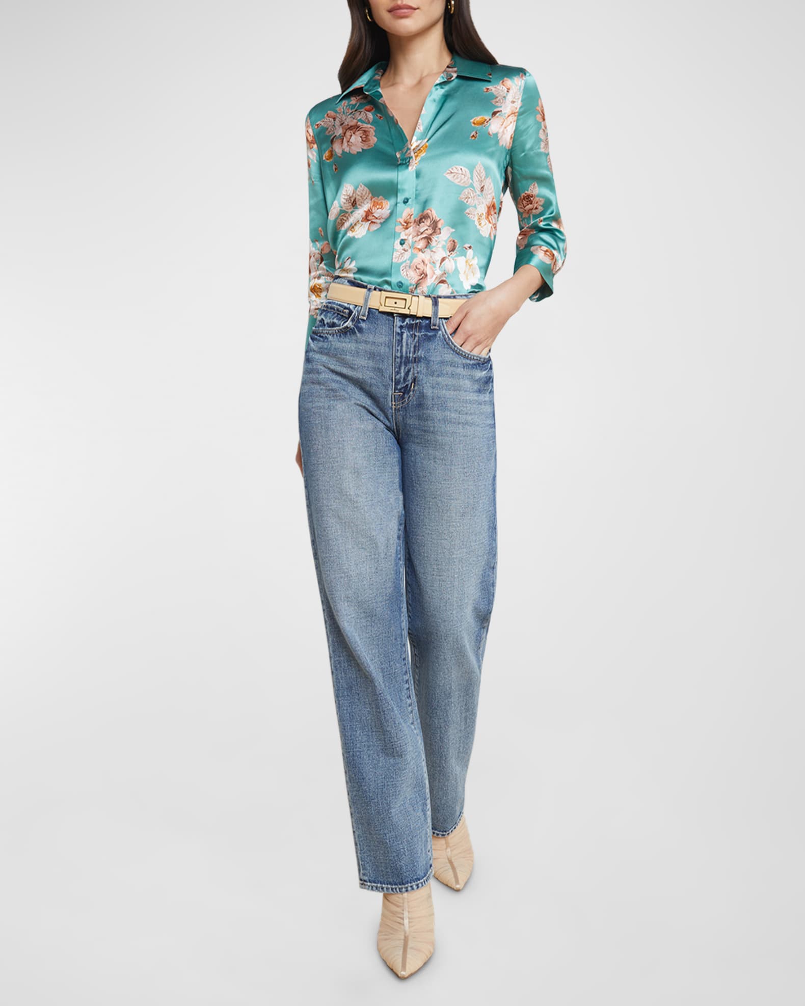 L'Agence Dani Floral-Print Silk Shirt | Neiman Marcus