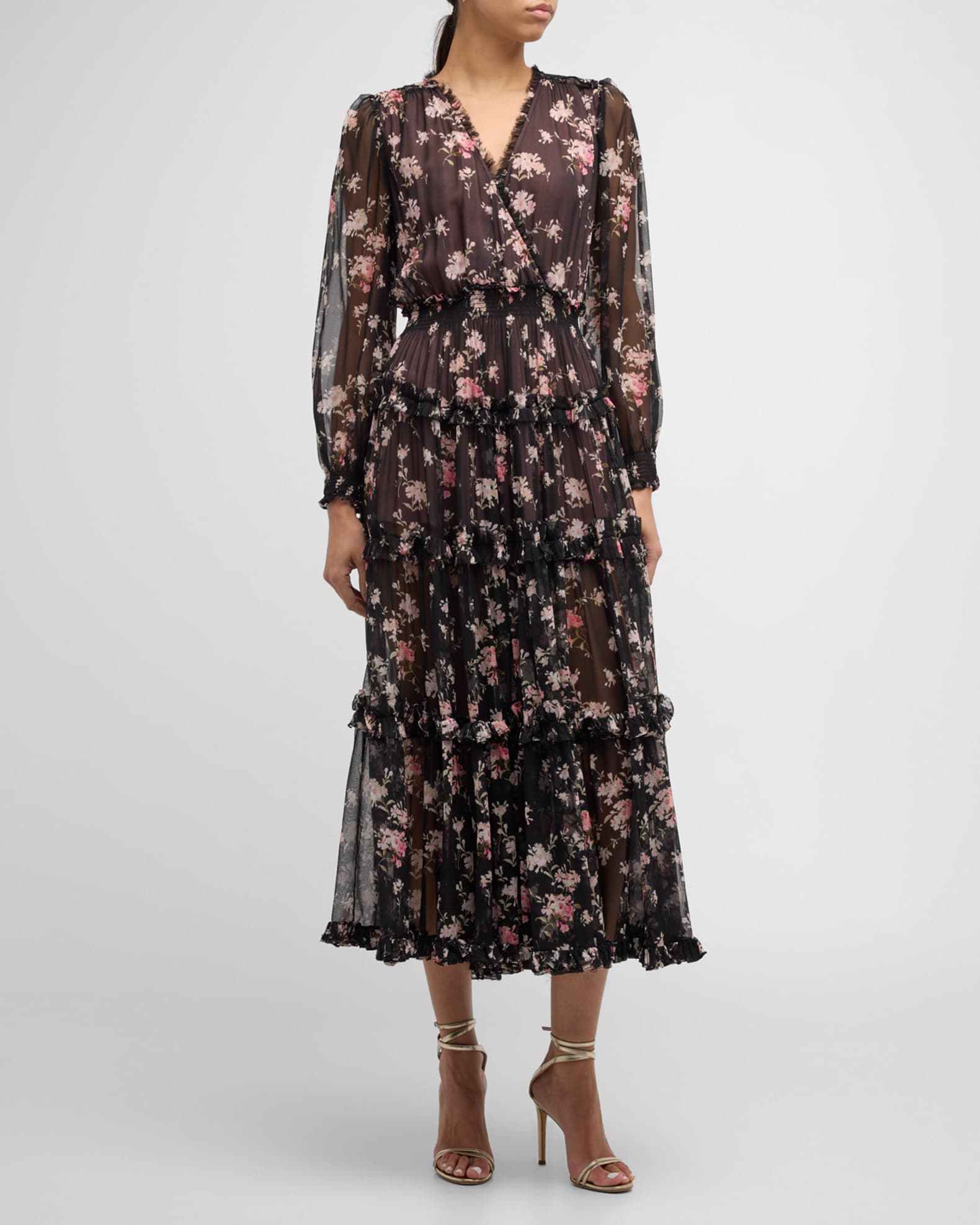 LoveShackFancy Kailo Tiered Floral Silk Chiffon Midi Dress | Neiman Marcus