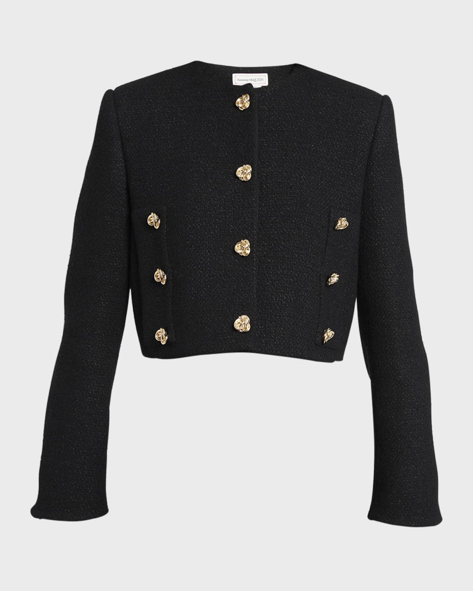 Alexander McQueen Tweed Short Jacket with Gold Knot Buttons | Neiman Marcus