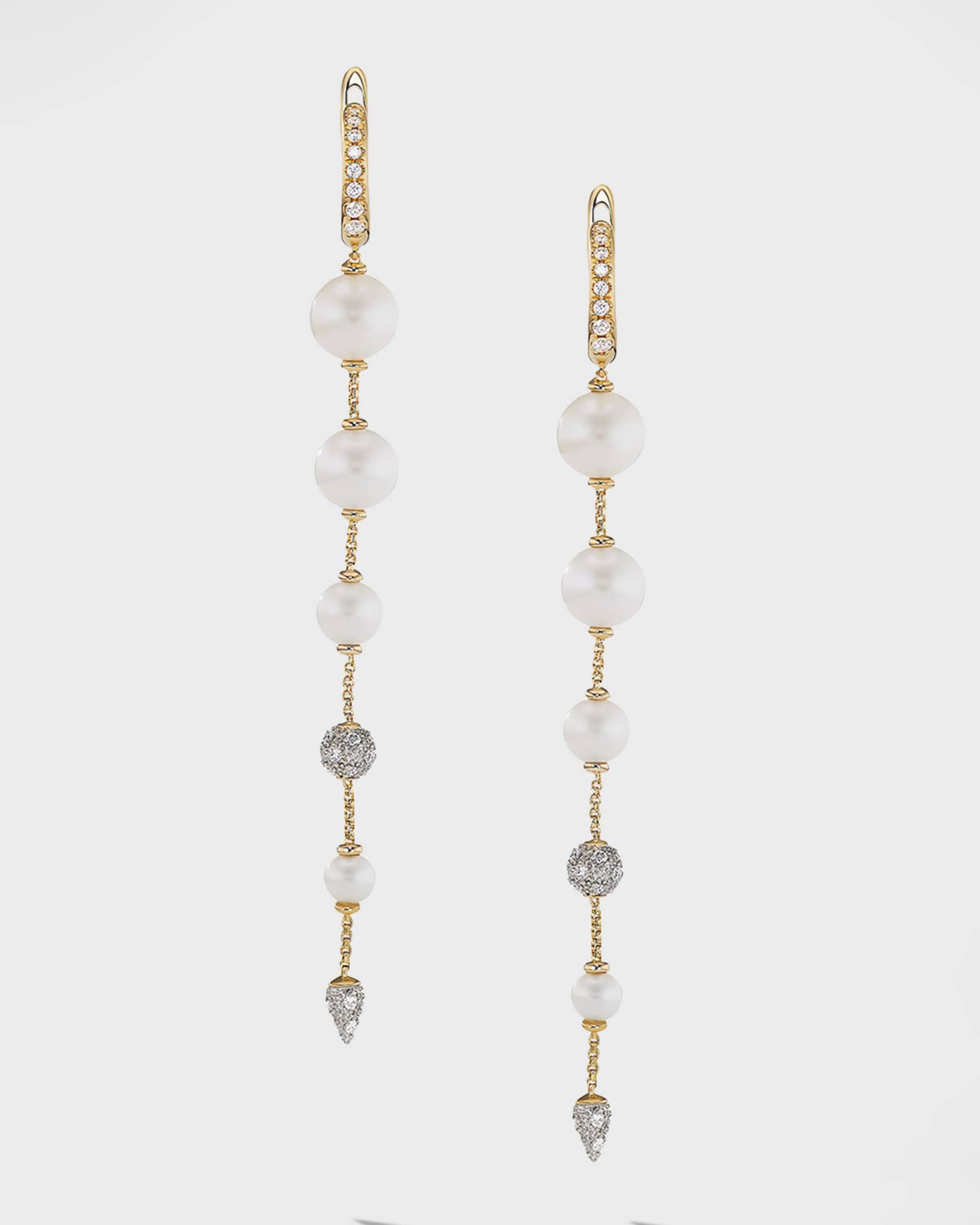Pearl and Pave Drop Earrings with Diamonds in 18K Gold, 8mm, 3.1"L 0