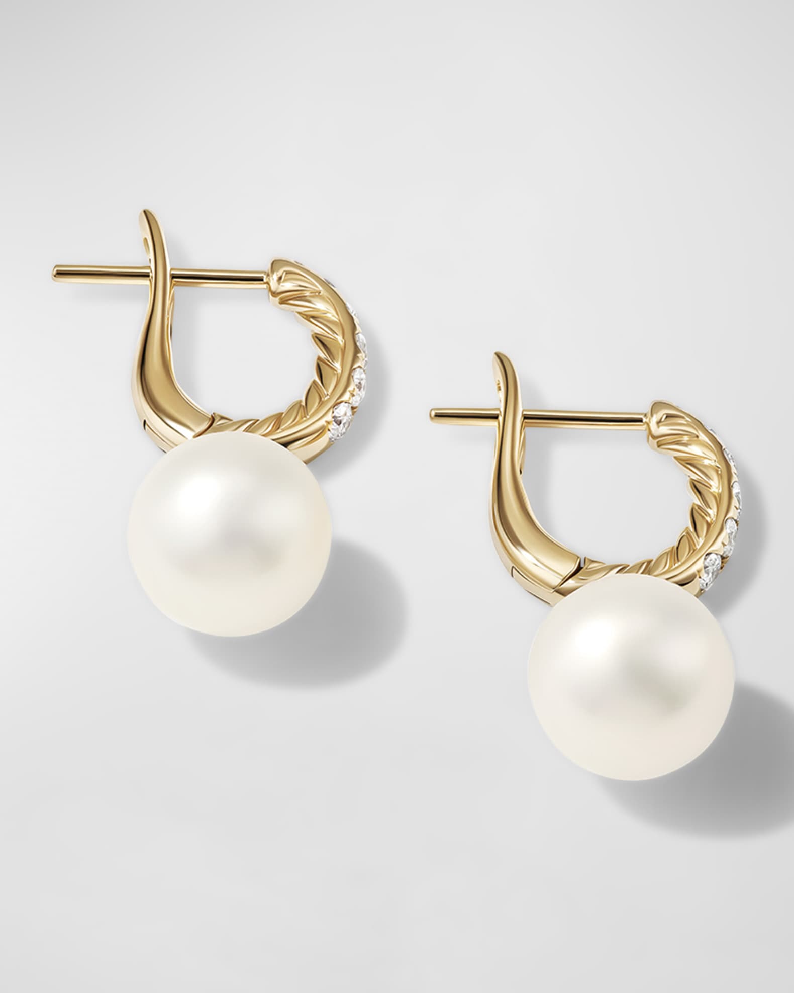Pearl and Pave Drop Earrings with Diamonds in 18K Gold, 9mm, 0.61"L 1
