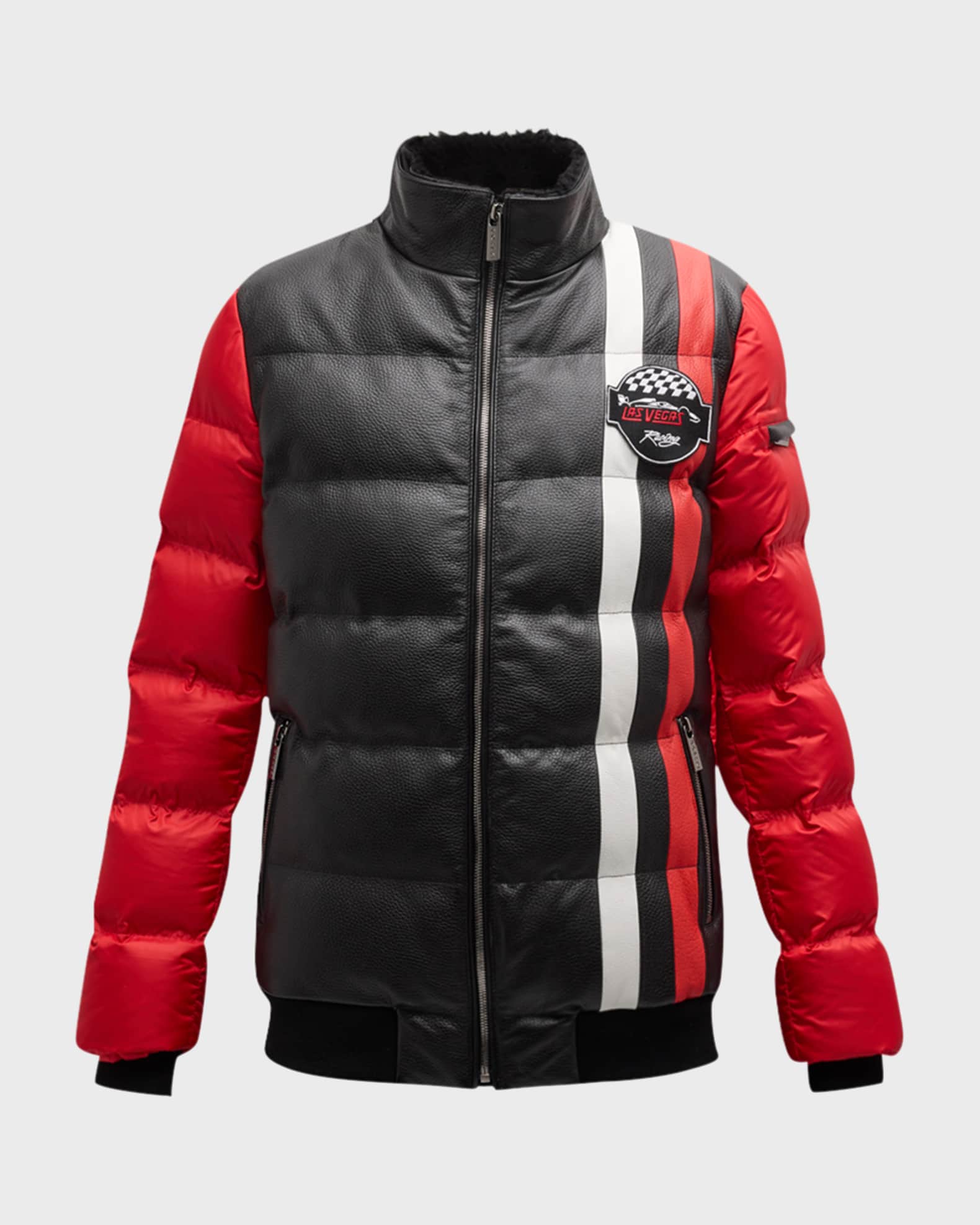 Gorski Lamb Shearling collar Zip Down Filled Leather Jacket BlackRed