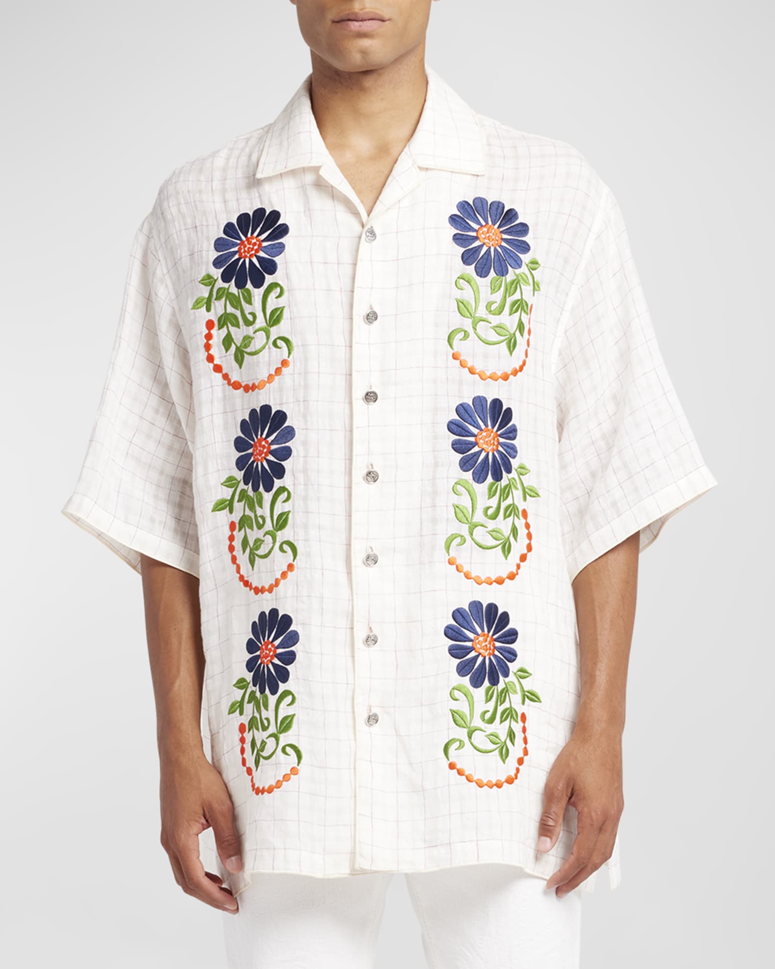 Floral Check Jacquard Knit Camp Shirt