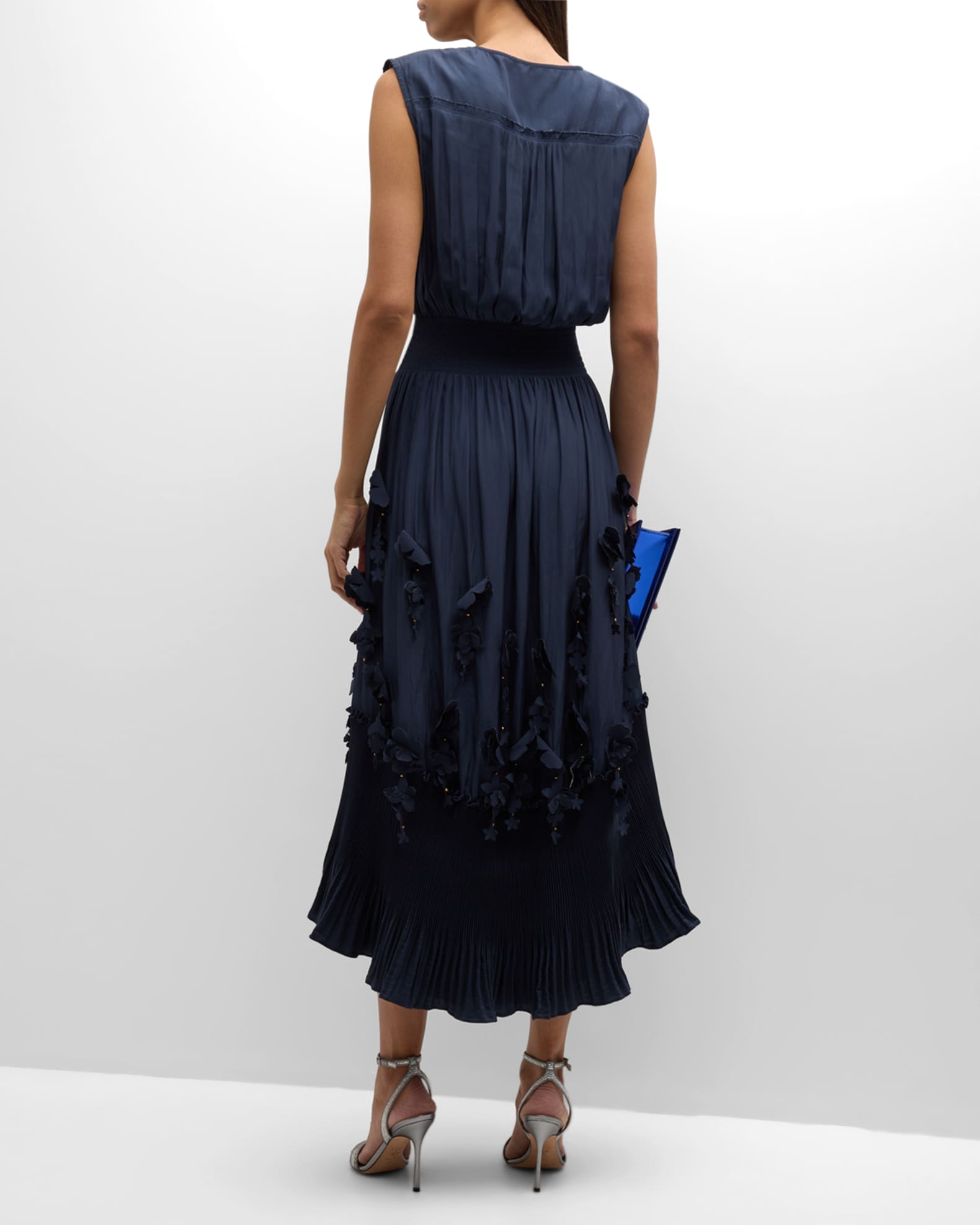 Ramy Brook Jacqueline Pleated Floral Applique Midi Dress | Neiman Marcus