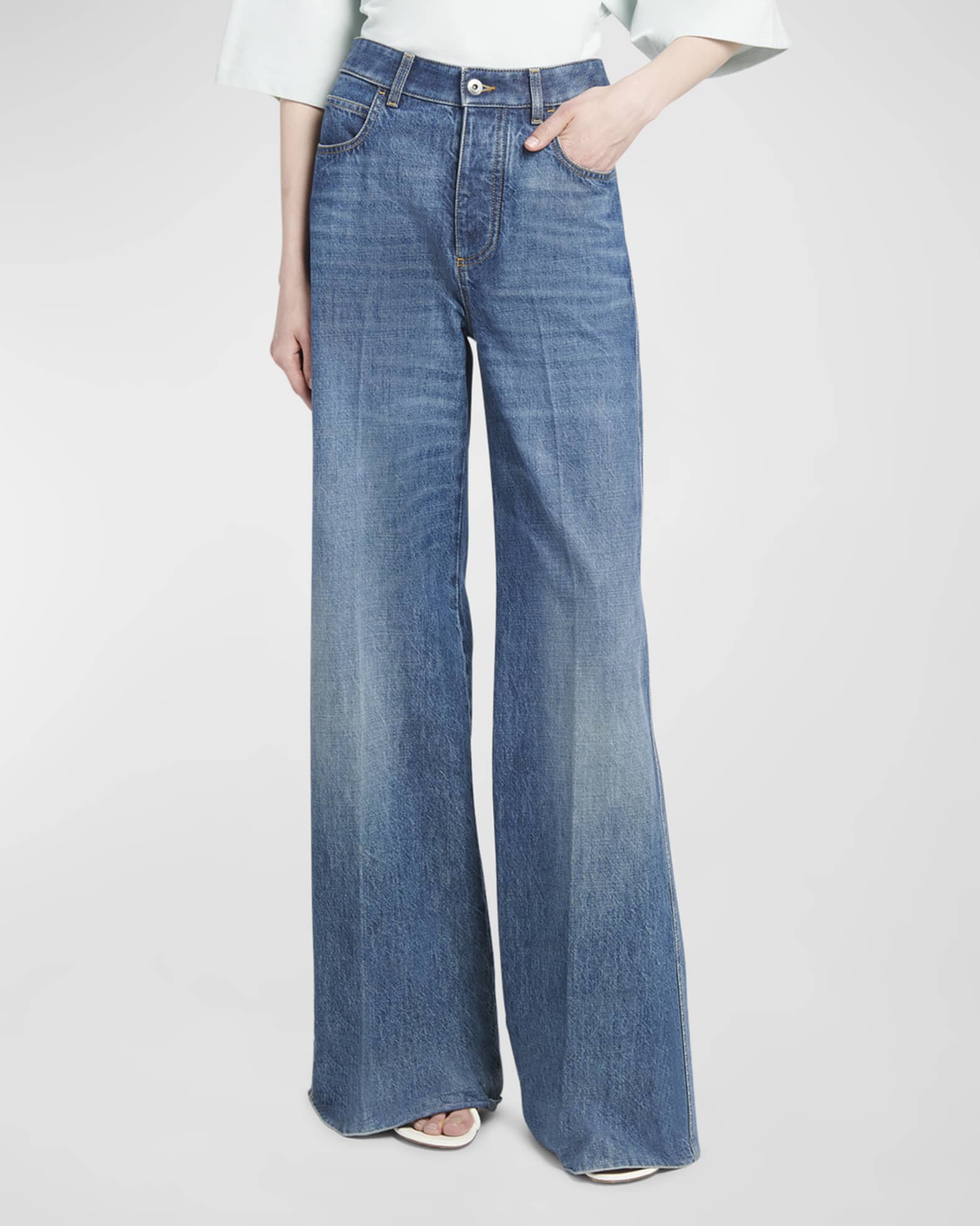 Bottega Veneta High-Rise Wide-Leg Denim Boyfriend Trousers | Neiman Marcus