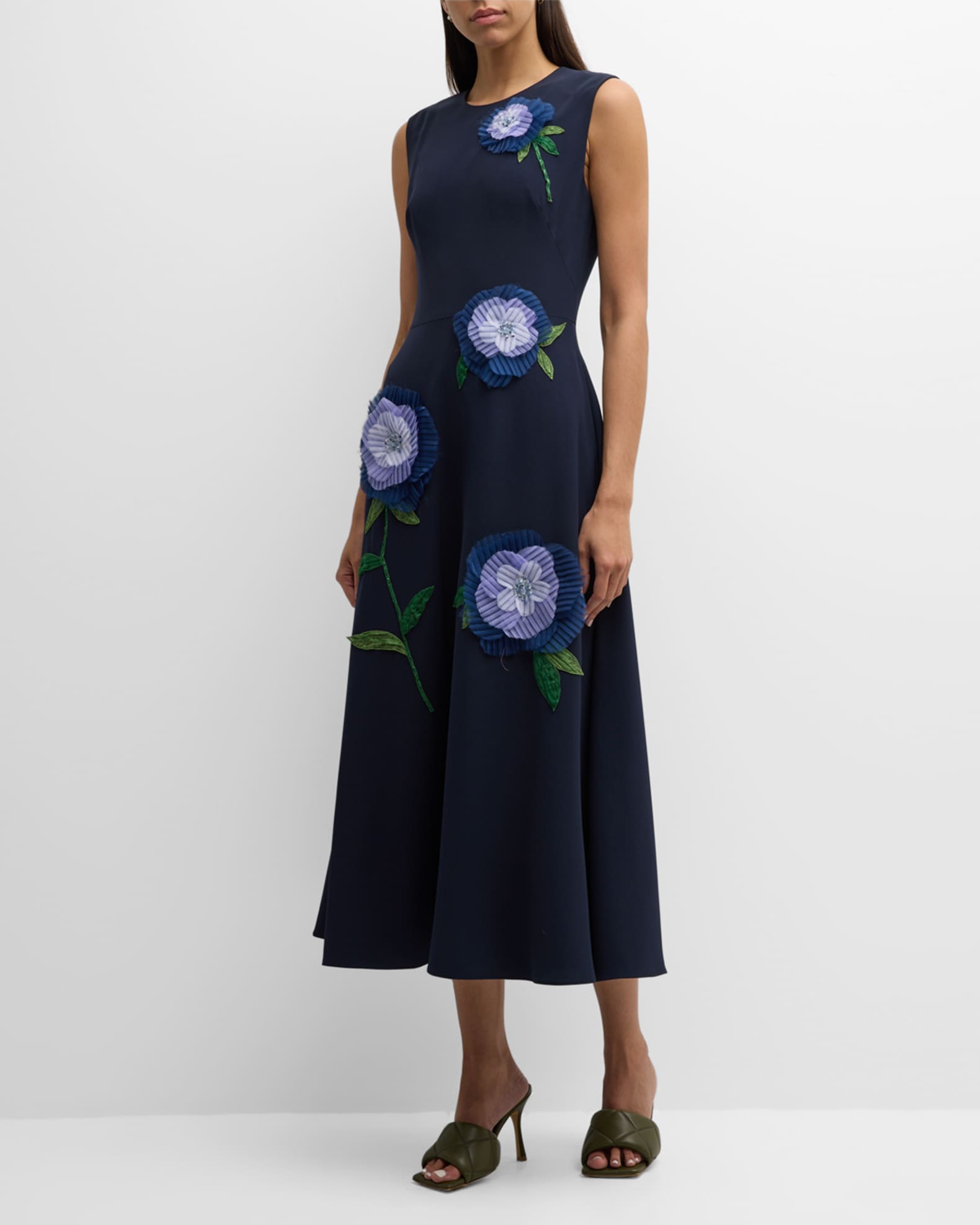 Lela Rose Floral Applique Sleeveless Midi Dress | Neiman Marcus