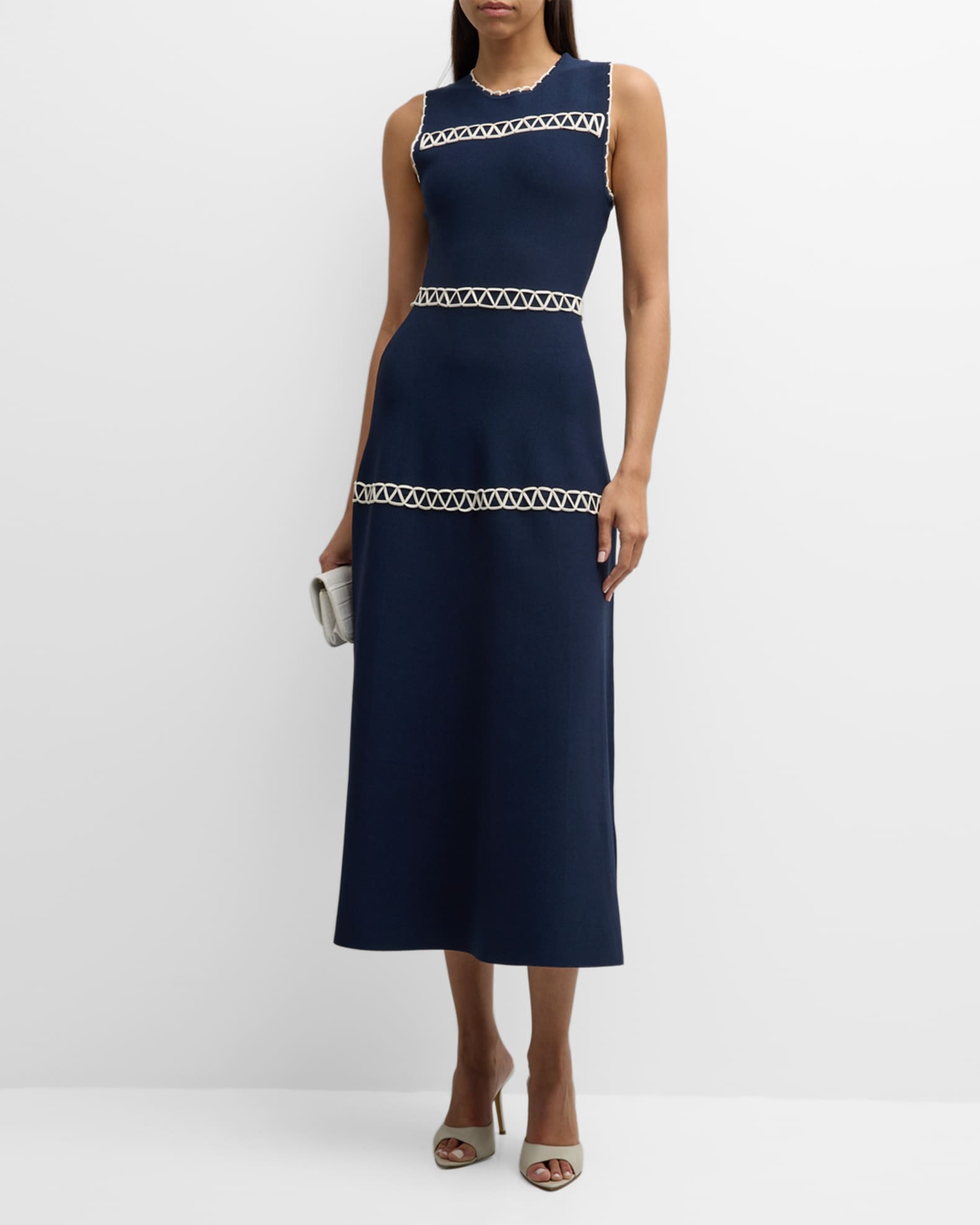 Lela Rose Blanket Stitch Sleeveless Midi Dress Neiman Marcus