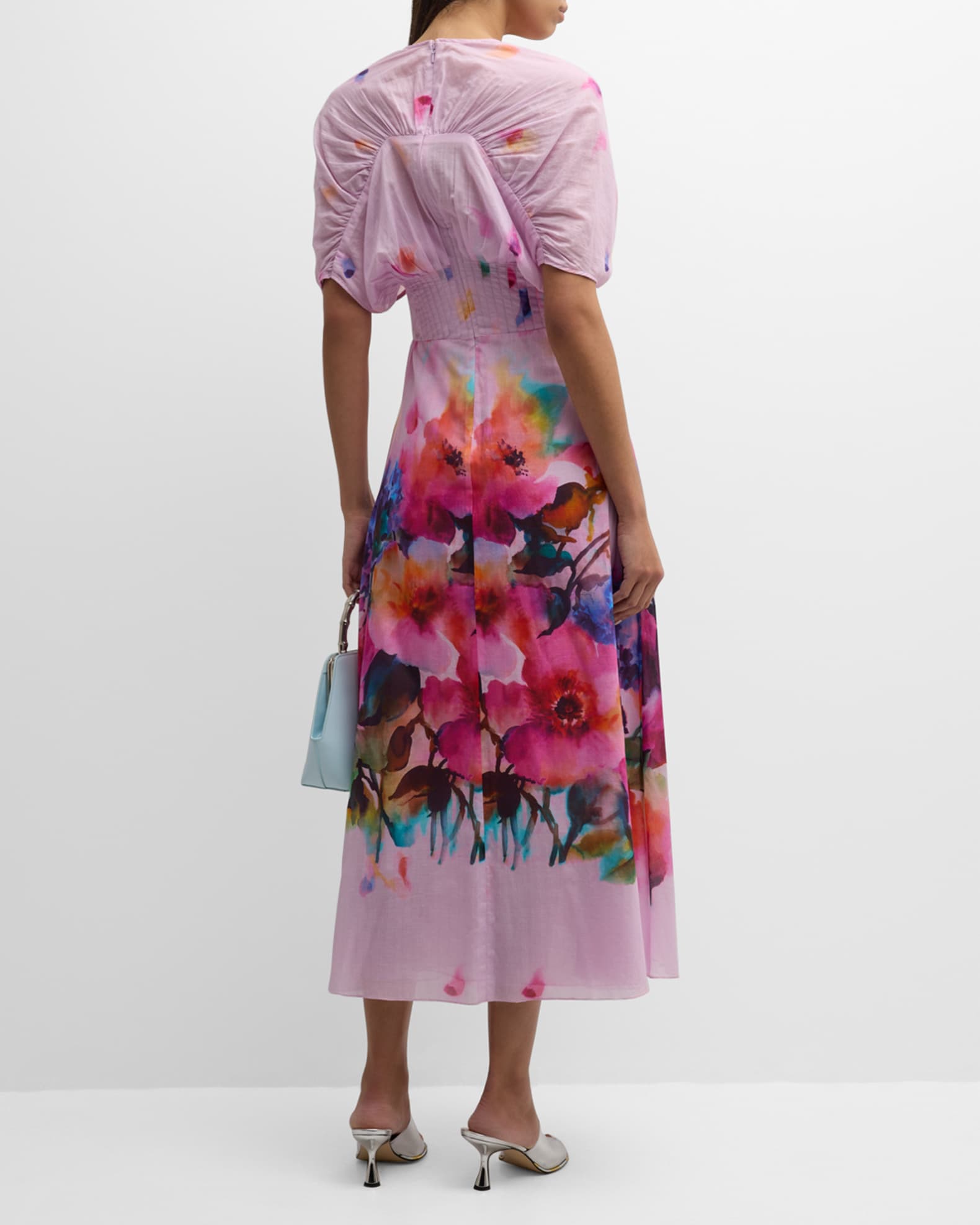 Lela Rose Isabel Watercolor Floral Print Short Sleeve Pleated