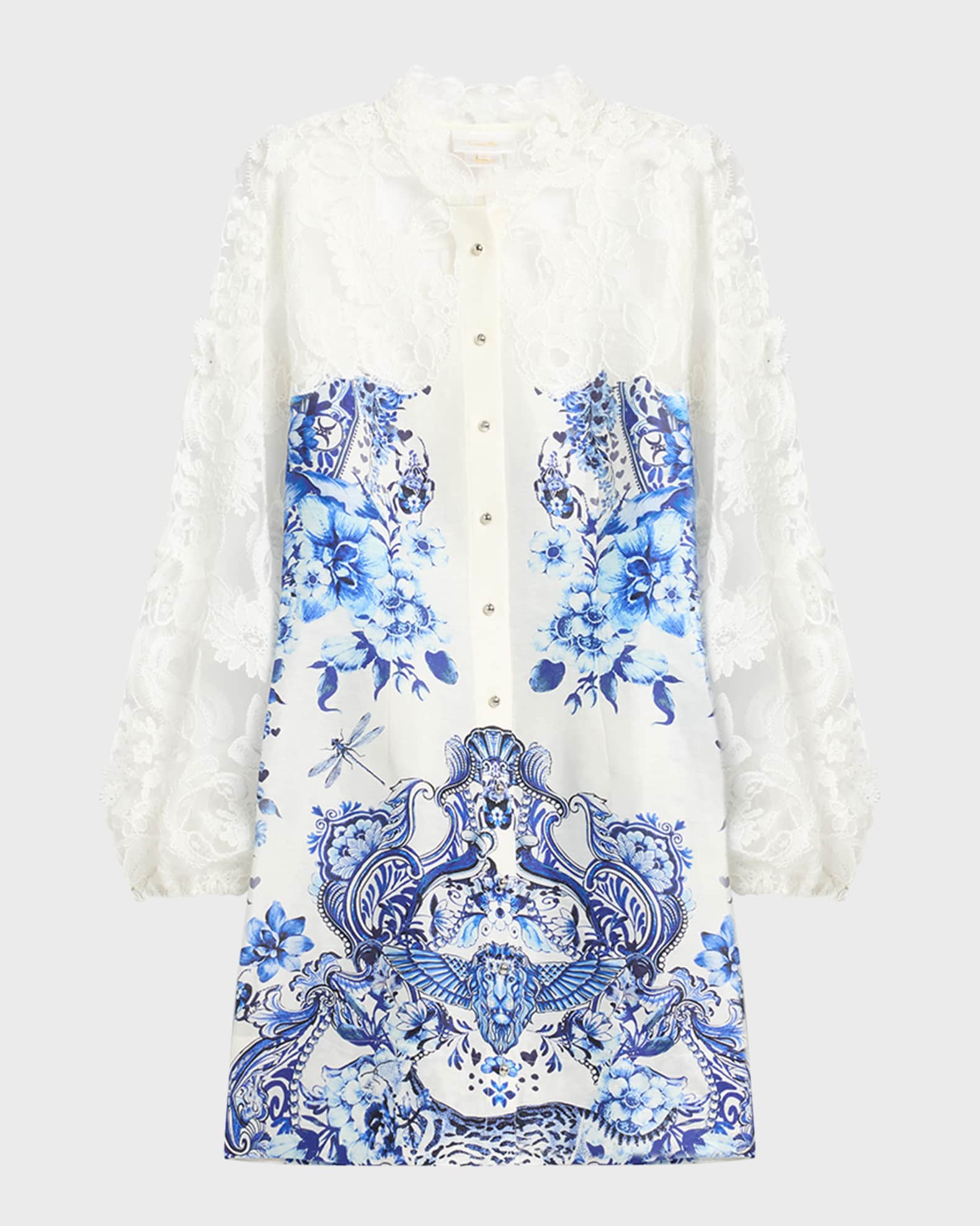 Camilla Butterfly Lace-Sleeve Button-Front Mini Dress