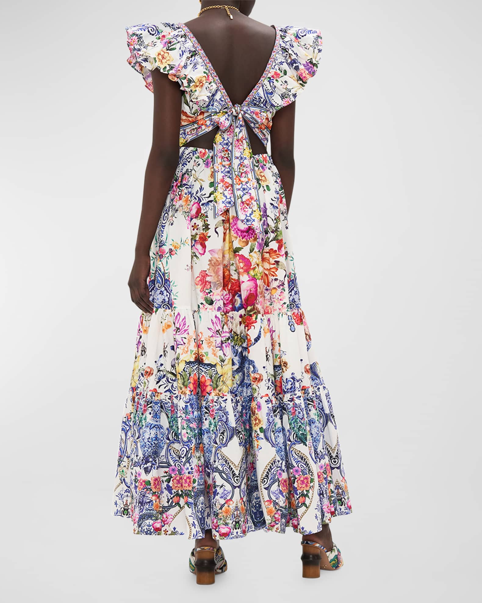Camilla Neck Frill Tiered Floral Poplin Maxi Dress | Neiman Marcus