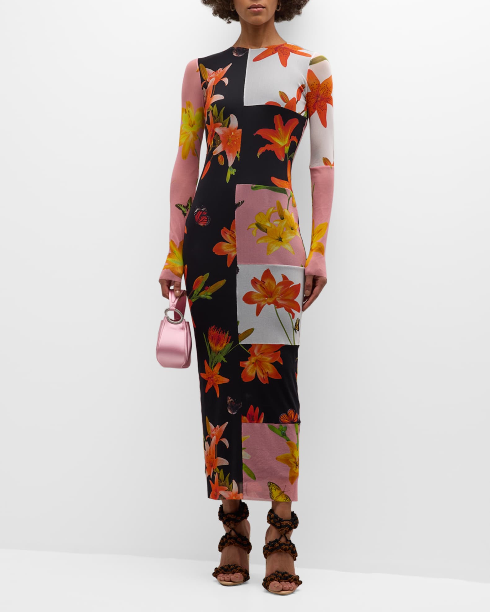 Fuzzi Floral Patchwork-Print Tulle Maxi Dress | Neiman Marcus