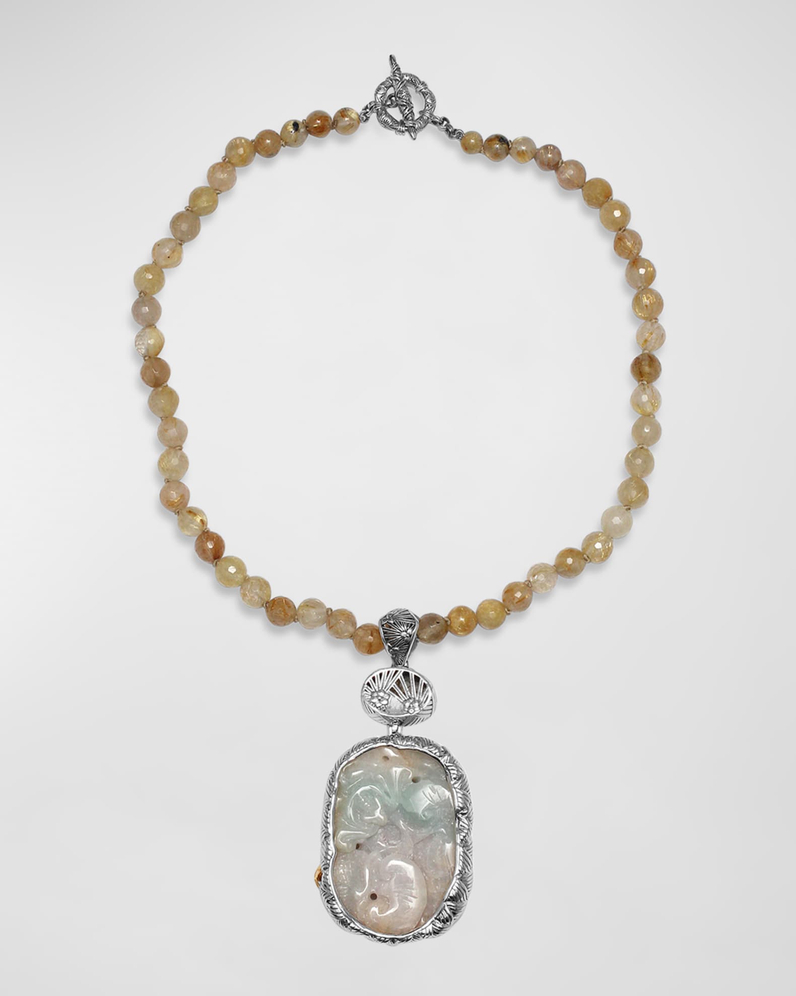 Stephen Dweck Vintage Hand Carved Jade Pendant on Quartz Bead