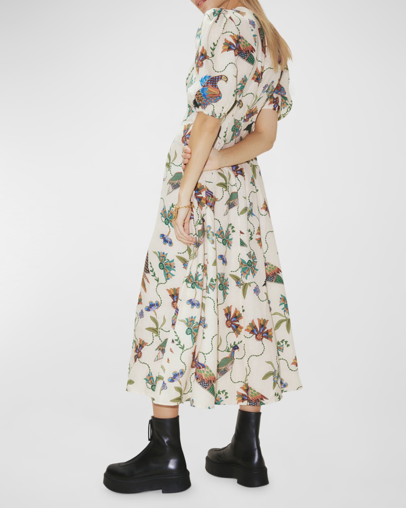 ALEMAIS Birdie Printed Puff-Sleeve Linen Midi Dress | Neiman Marcus