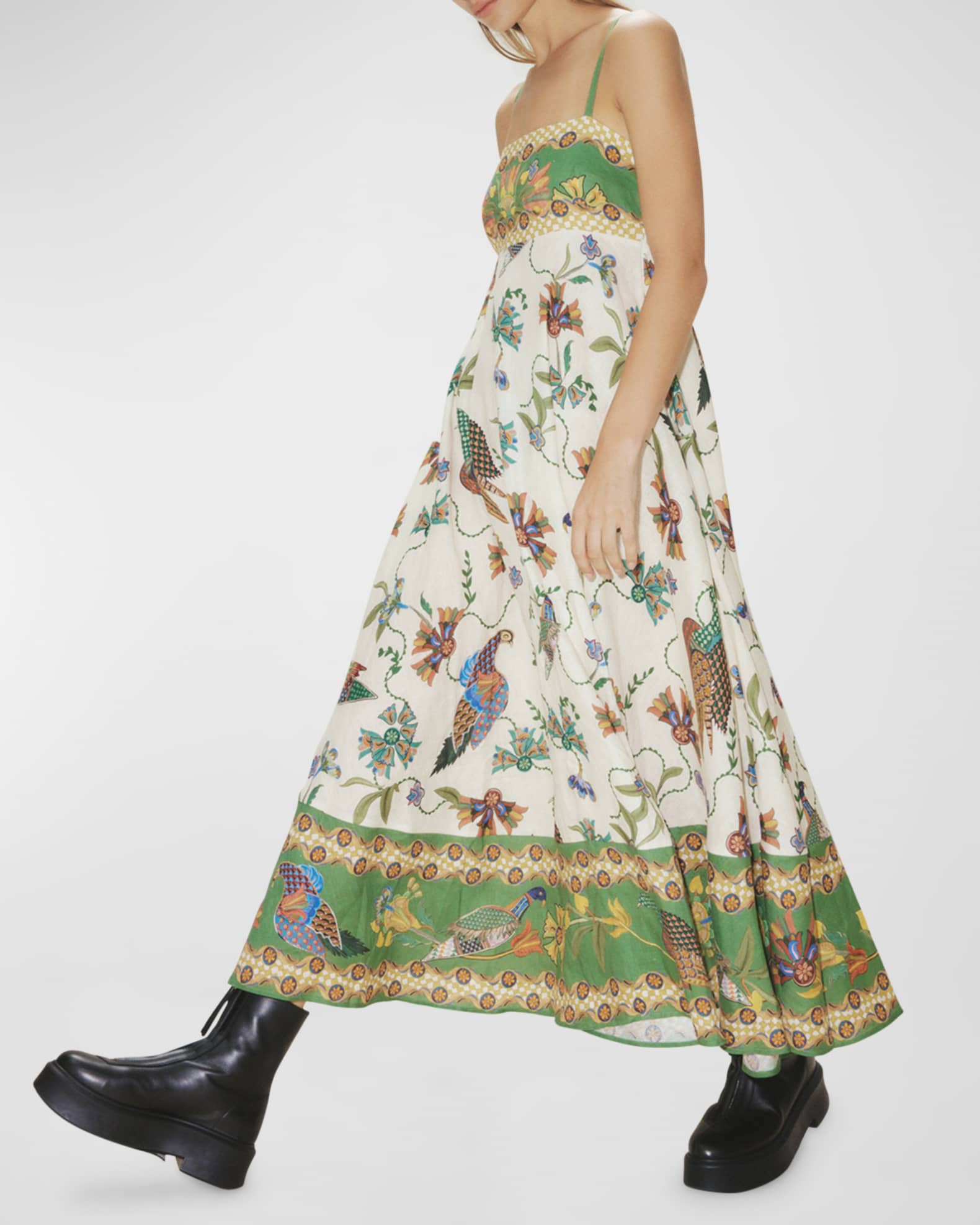 ALEMAIS Birdie Floral Linen Spaghetti-Strap Midi Sundress | Neiman Marcus