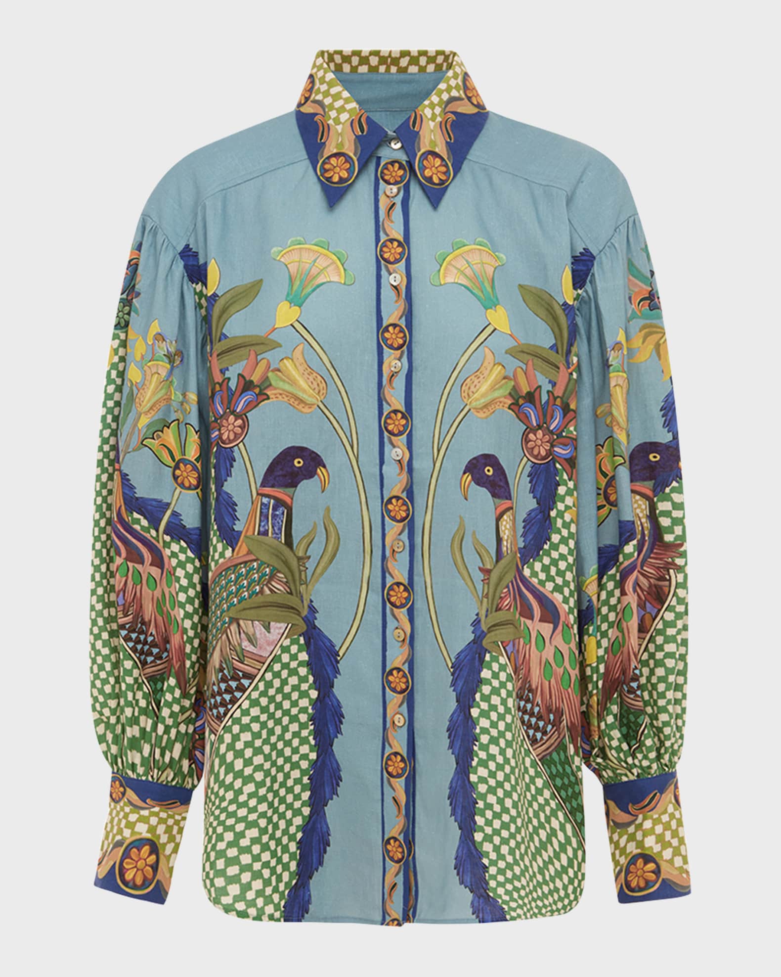ALEMAIS Gilly Bird-Print Linen Button-Front Shirt | Neiman Marcus