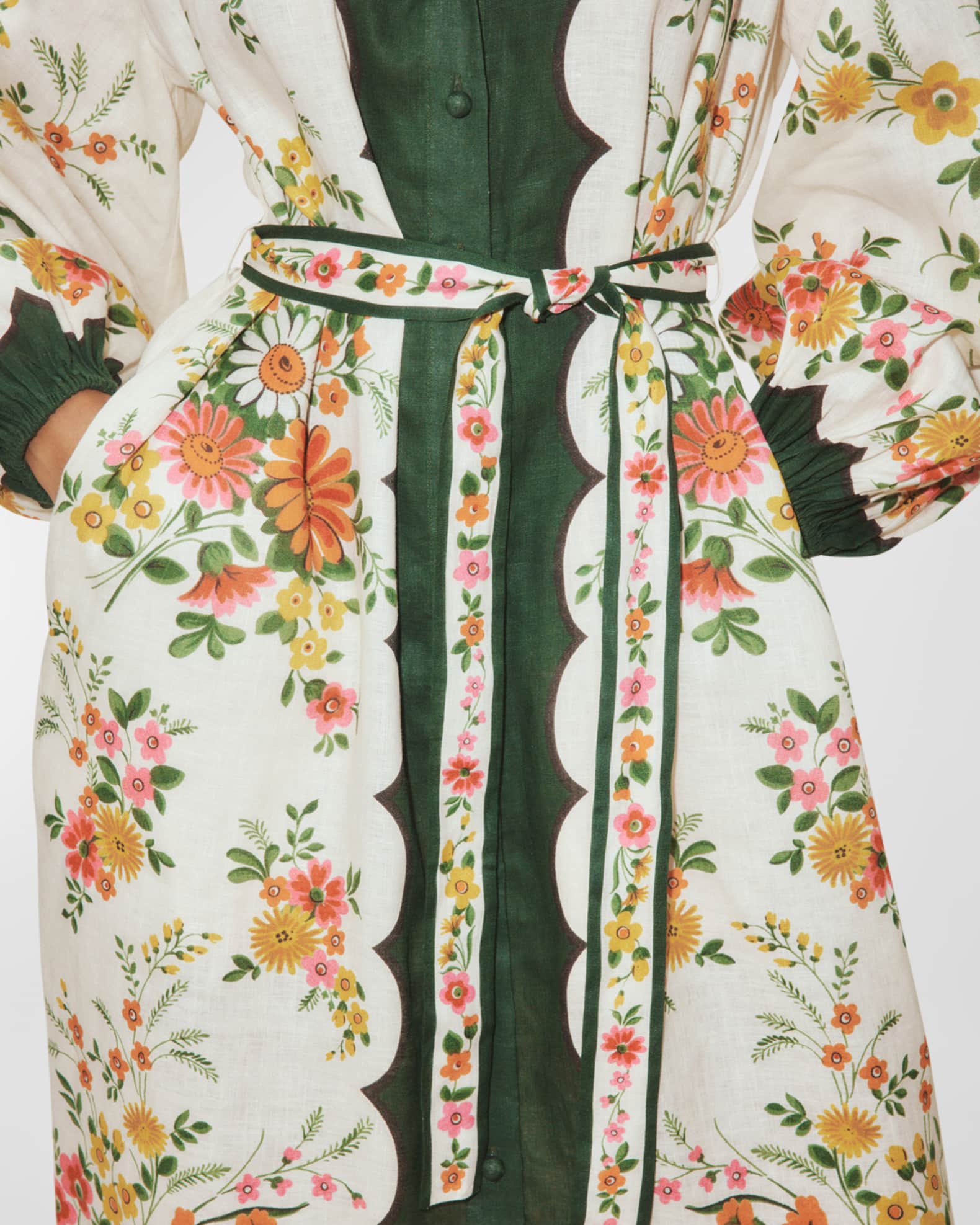 ALEMAIS Elisabetta Self-Belt Midi Floral Linen Shirtdress | Neiman Marcus