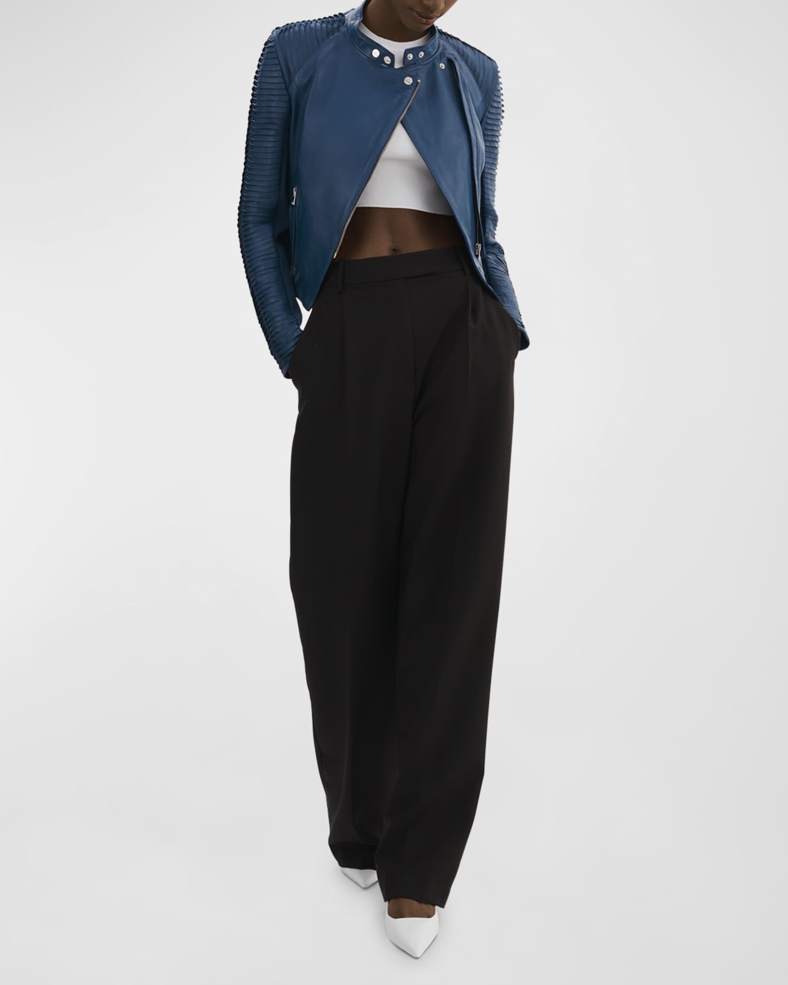 Azra Slashed-Sleeve Leather Moto Jacket 1
