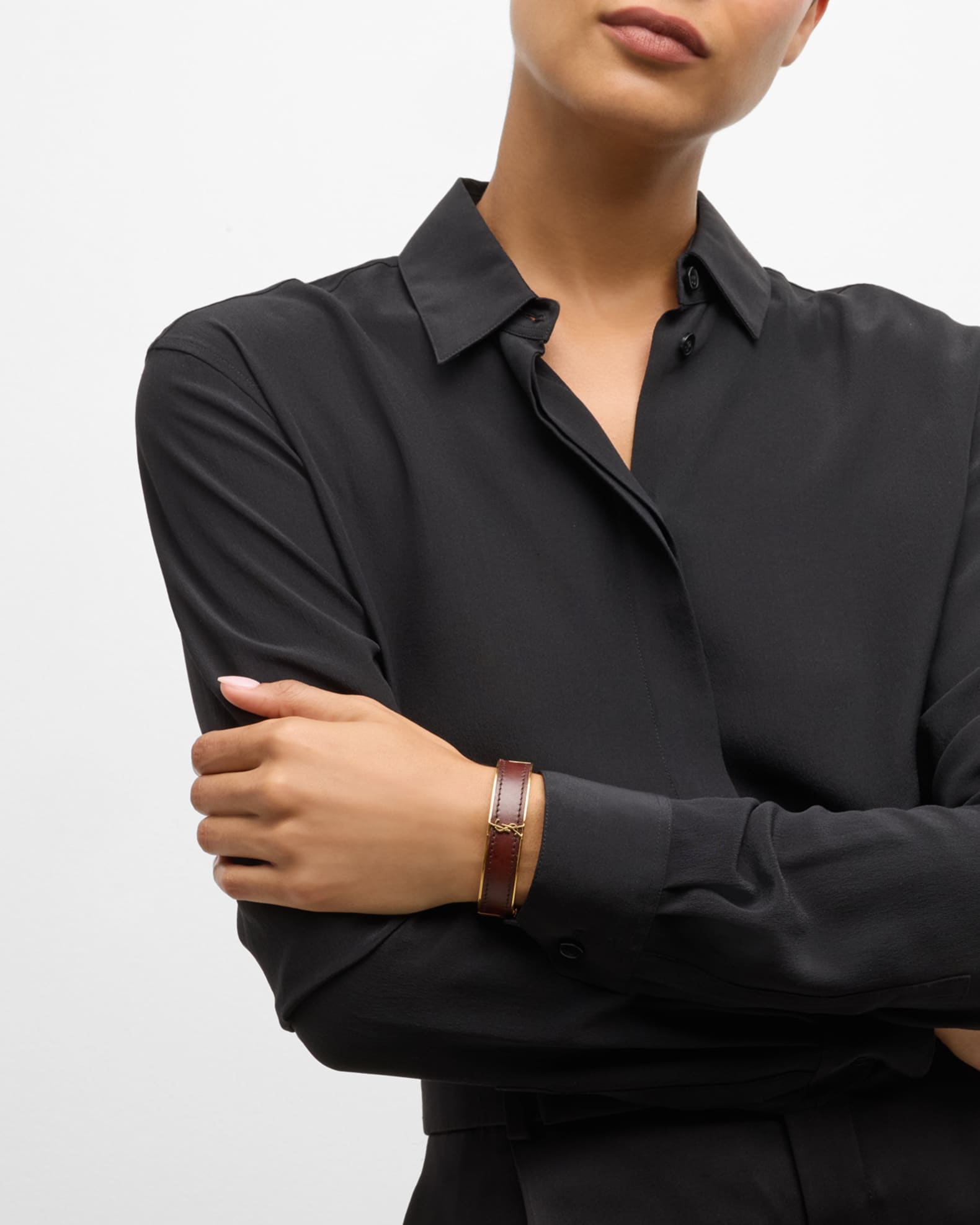 Saint Laurent Leather and Brass YSL Monogram Bracelet