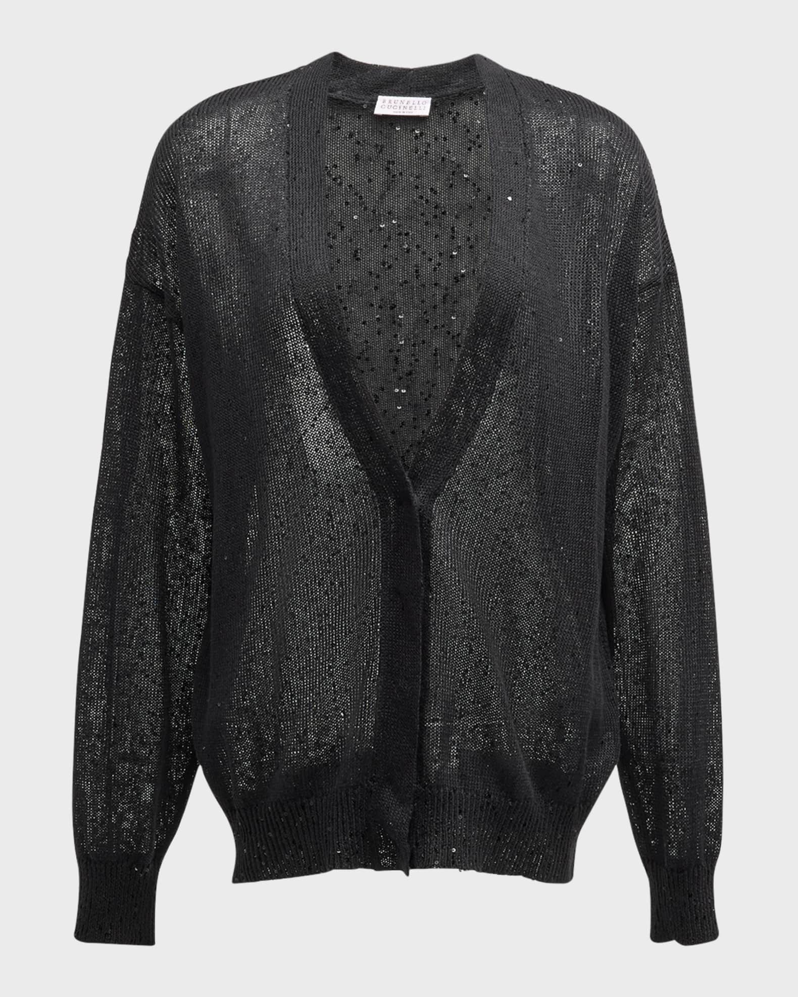 Brunello Cucinelli Linen Silk Hidden Button-Front Cardigan with Paillette Details