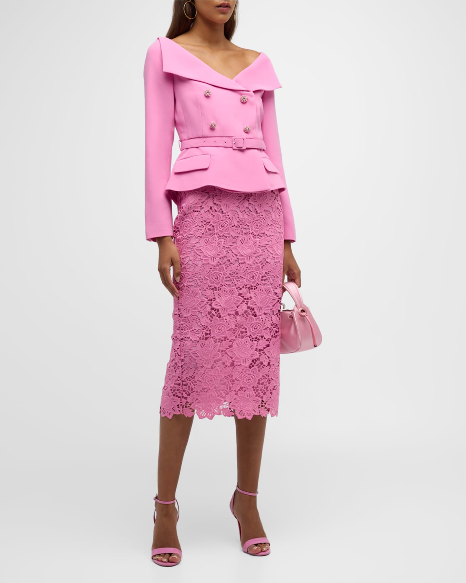 Self-Portrait Tailored Crepe Blazer Lace Midi Dress | Neiman Marcus