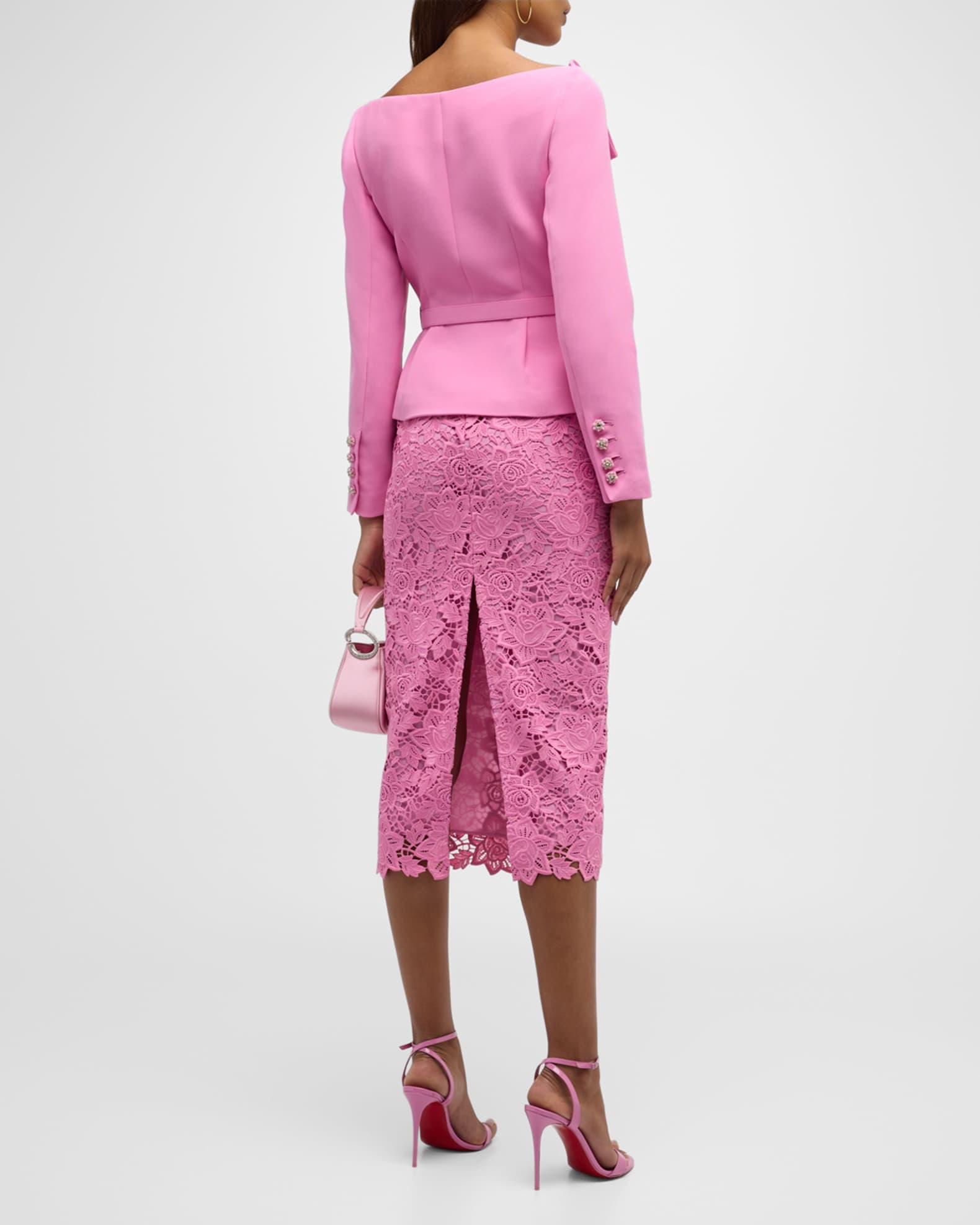 Self-Portrait Tailored Crepe Blazer Lace Midi Dress | Neiman Marcus