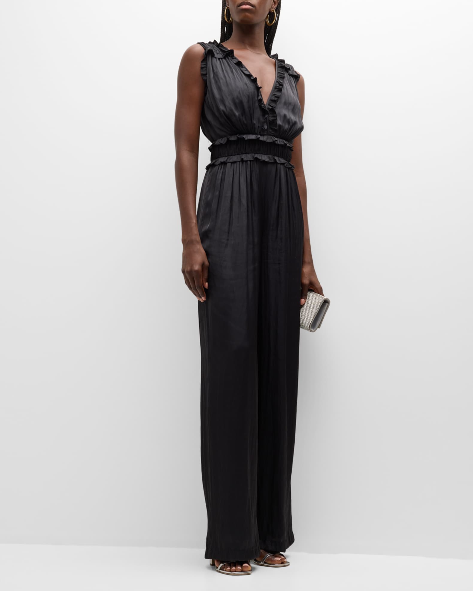 Ruffled Wide-Leg Satin Jumpsuit