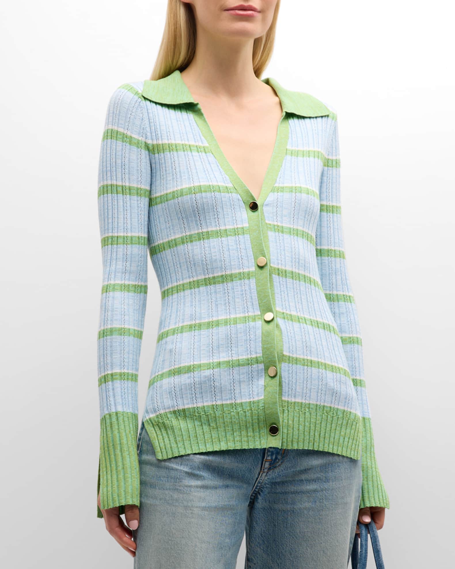 Ramy Brook Raya Stripe Knit Button-Front Sweater | Neiman Marcus