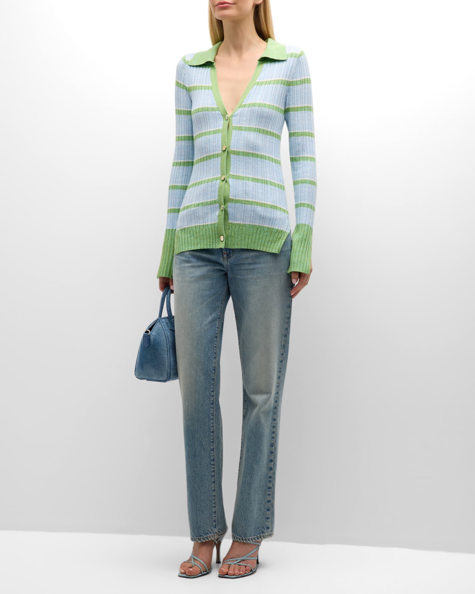 Ramy Brook Raya Stripe Knit Button-Front Sweater | Neiman Marcus