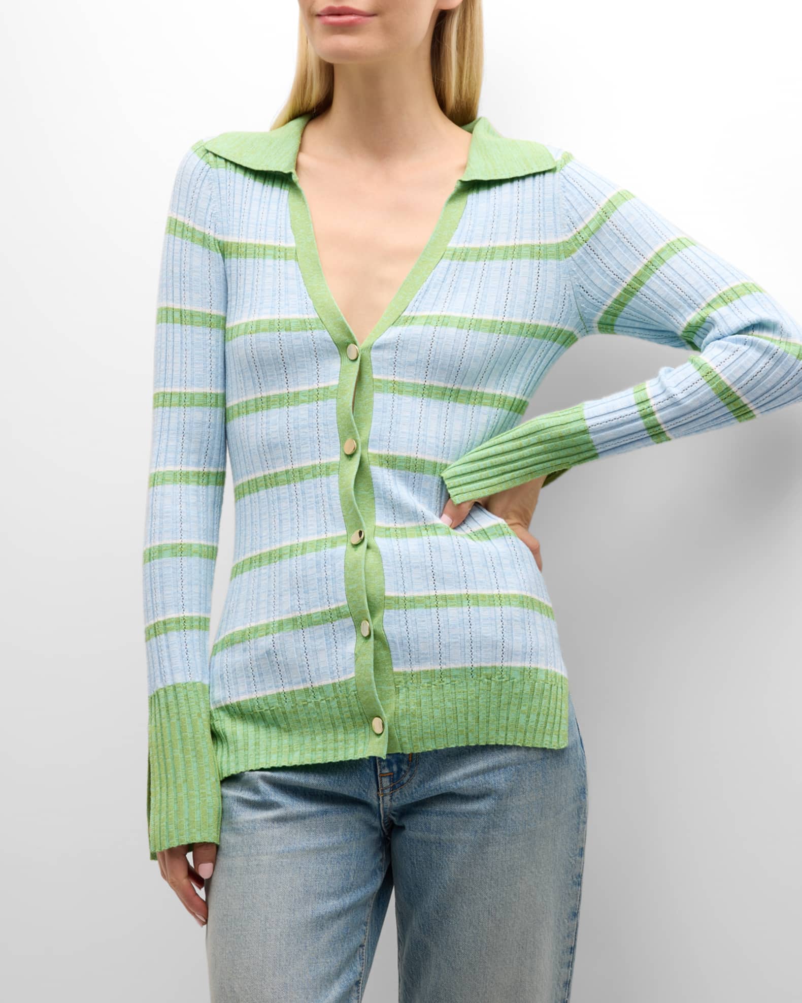 Ramy Brook Raya Stripe Knit Button-Front Sweater | Neiman Marcus