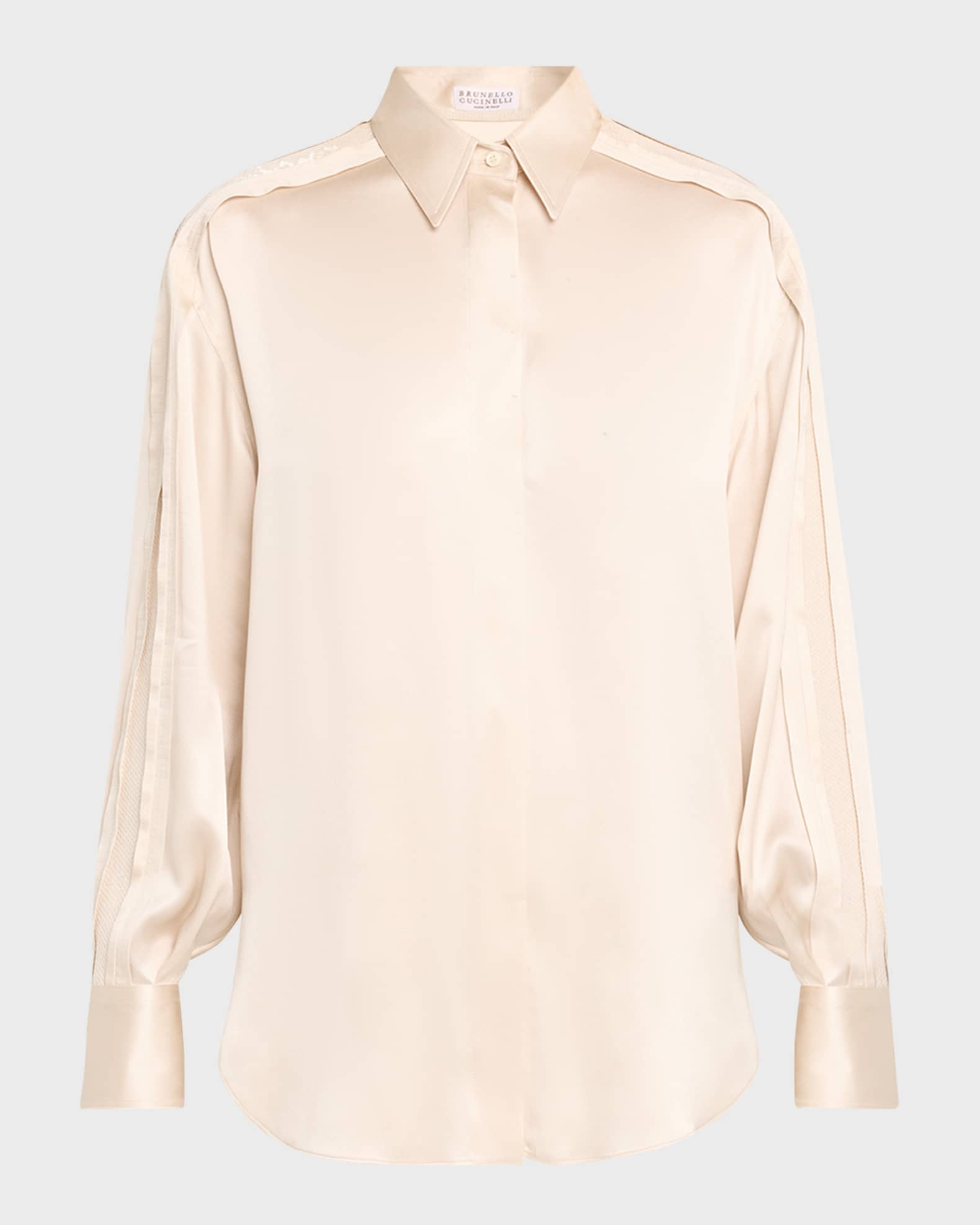 Brunello Cucinelli Satin Tunic Button-Front Shirt with Sequin Detail