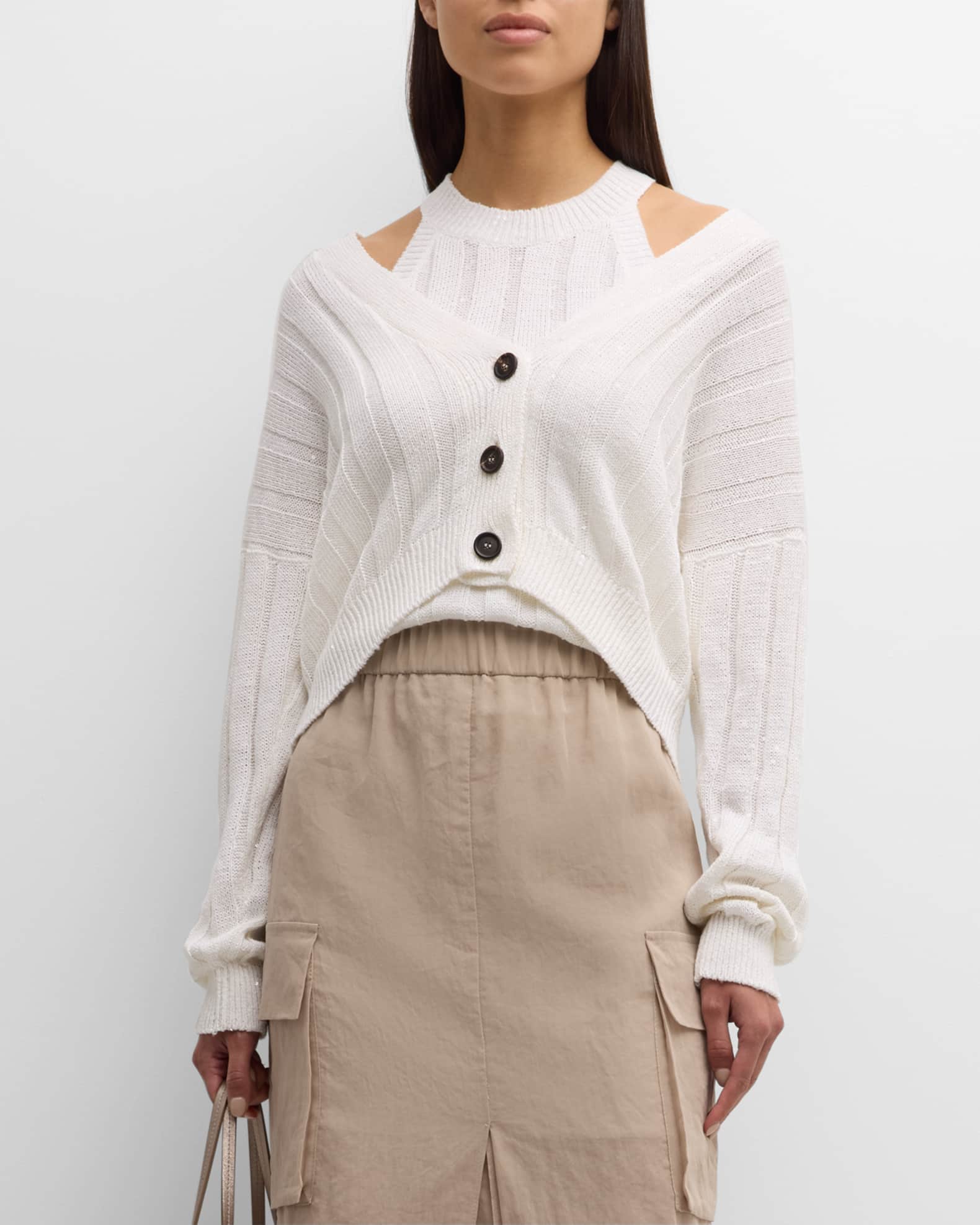 Brunello Cucinelli Paillette Rib Oversized Linen Cardigan