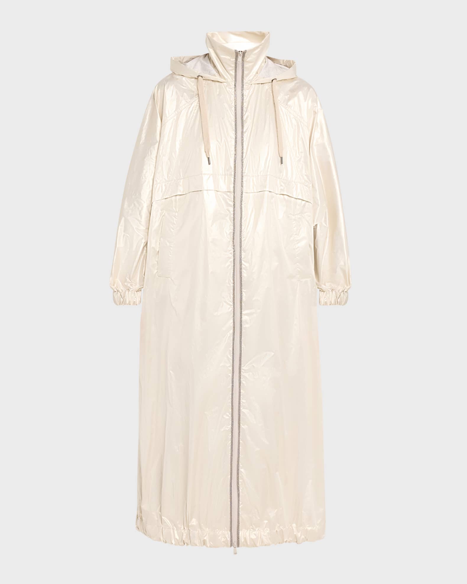 Brunello Cucinelli Lamé Taffetta Long Anorak Jacket with Monili Trim