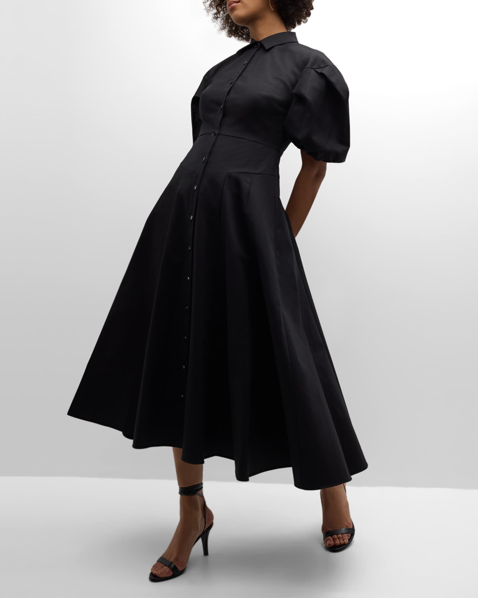 Amilya Puff-Sleeve Fit & Flare Midi Shirt Dress