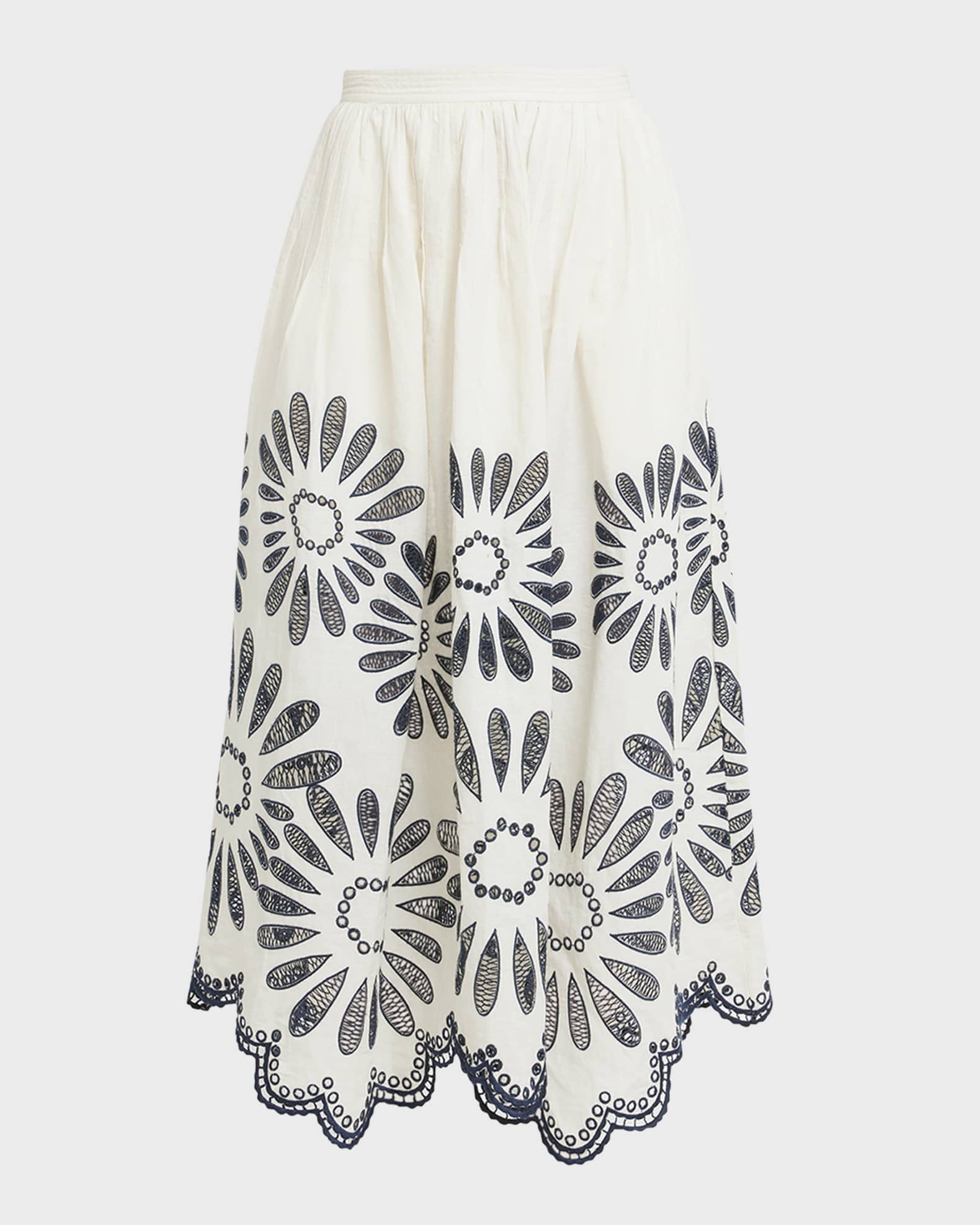 Ulla Johnson Annisa Embroidered Linen Cotton Scalloped Midi Skirt