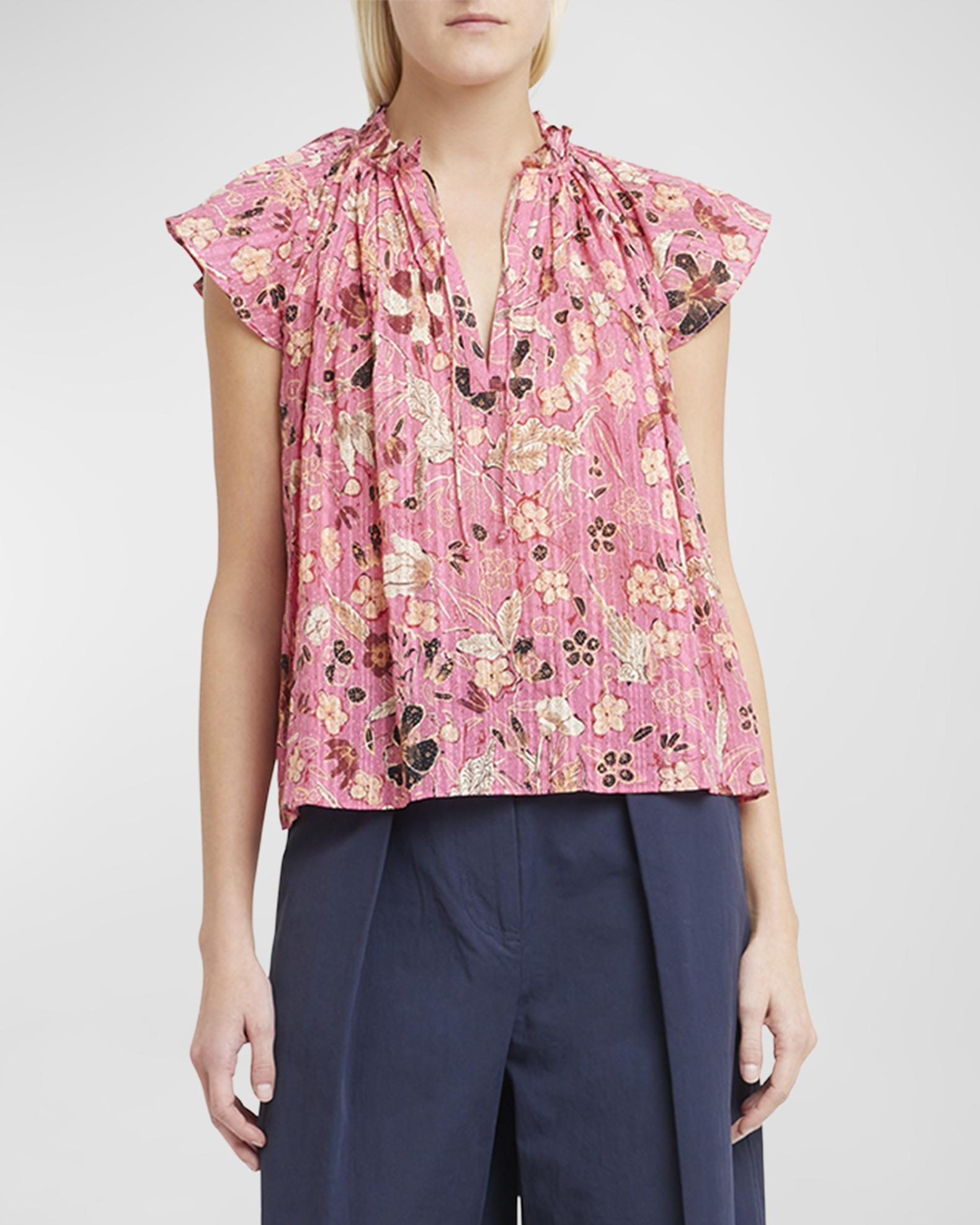 Ulla Johnson Cleo Split-Neck Ruffled Floral Top | Neiman Marcus
