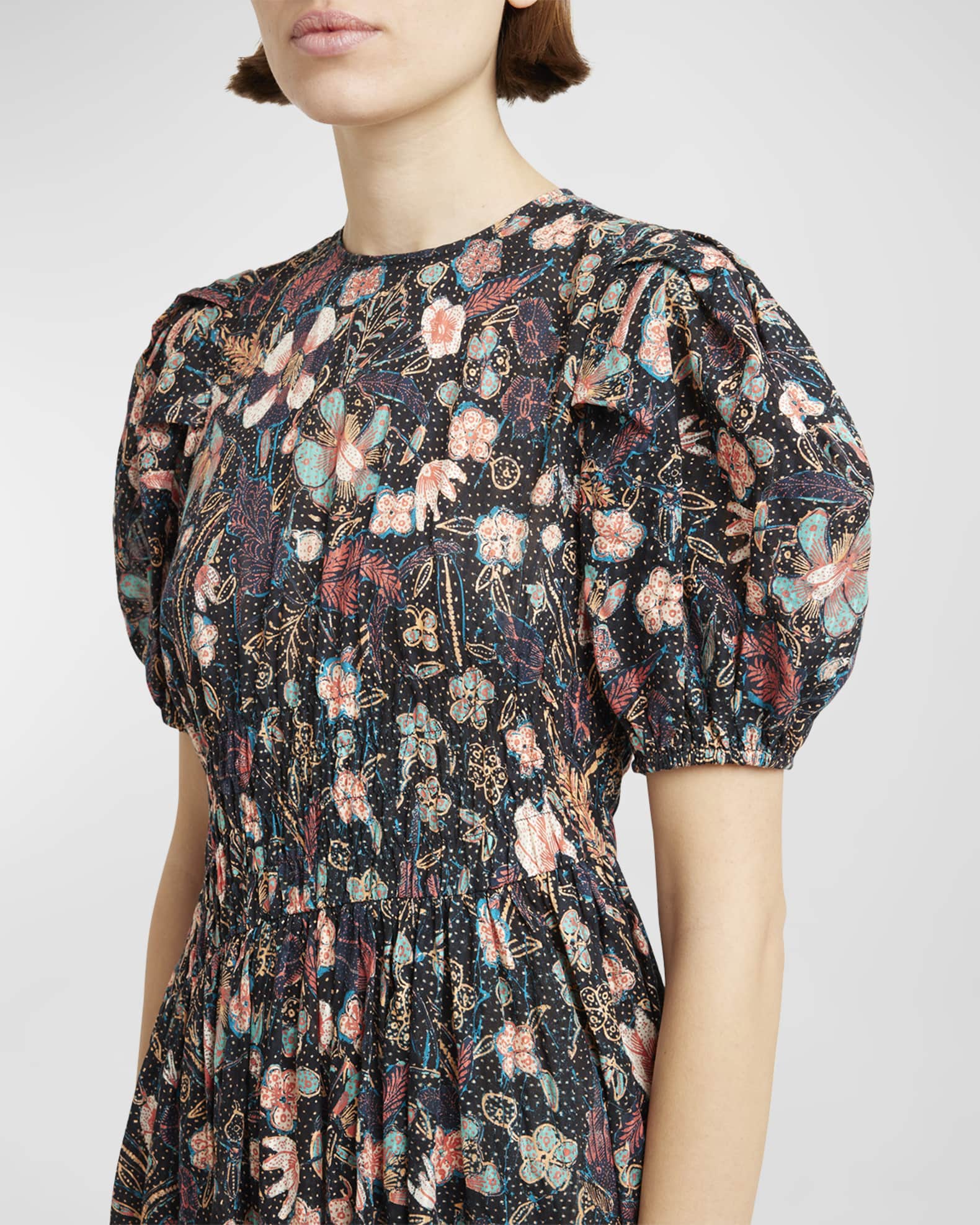 Ulla Johnson marbled puff-sleeve ruched dress - CHALCEDONY