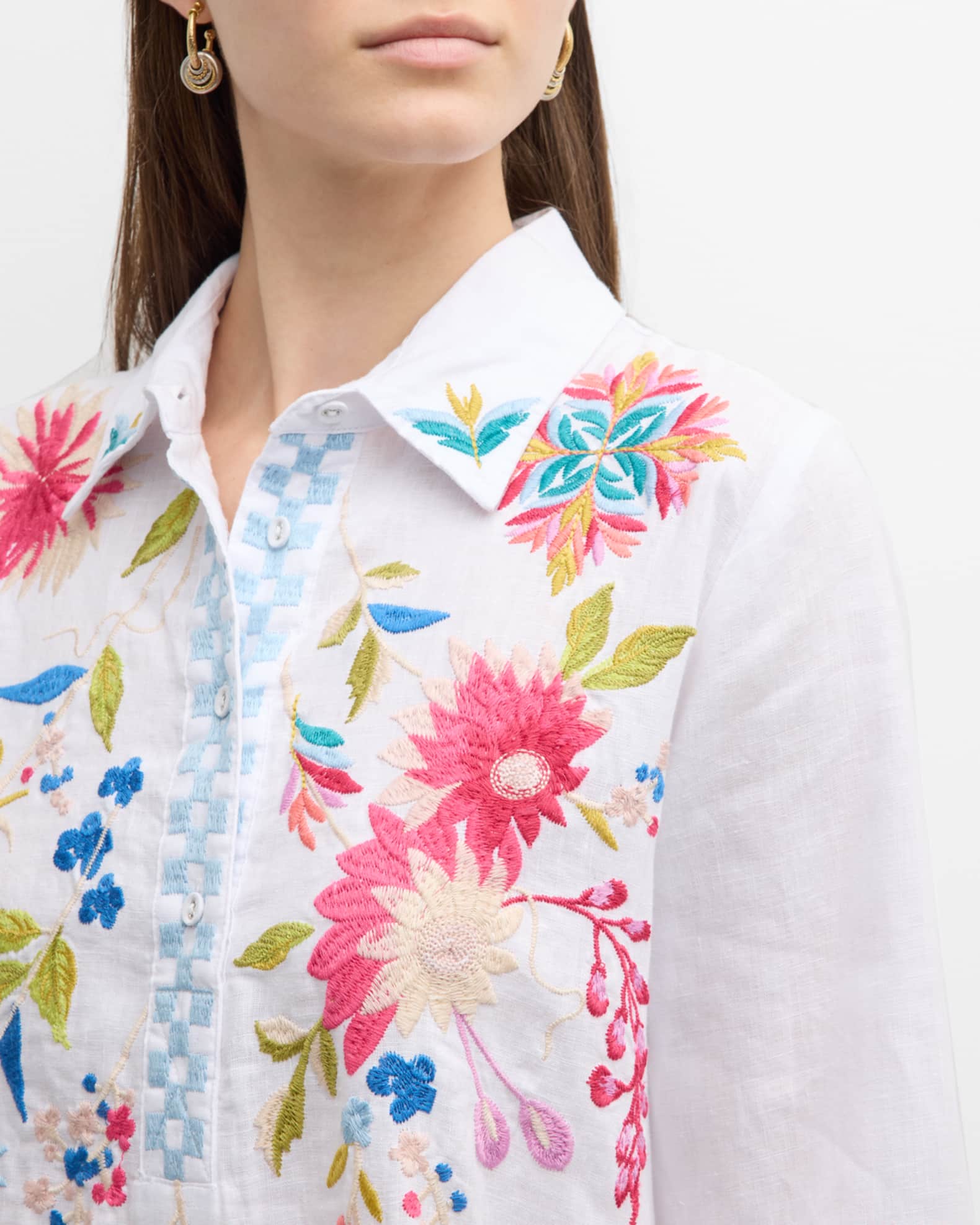 Johnny Was Julie Floral-Embroidered Linen Shift Dress | Neiman Marcus
