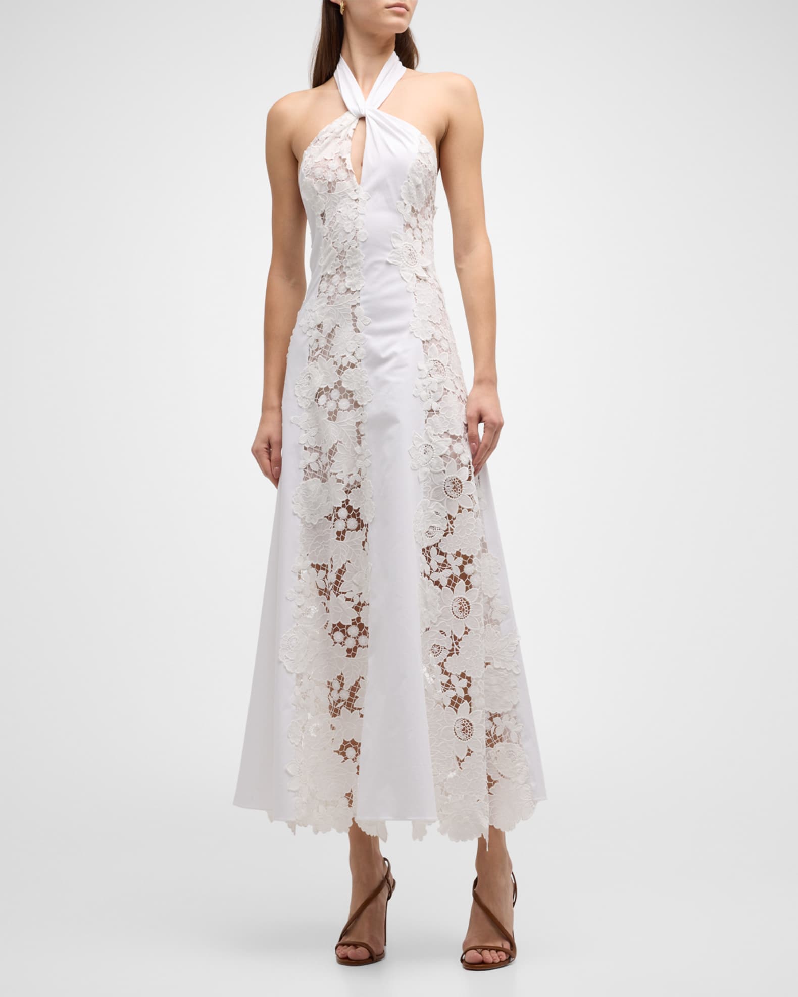 Botanical Guipure Paneled Poplin Halter Maxi Dress