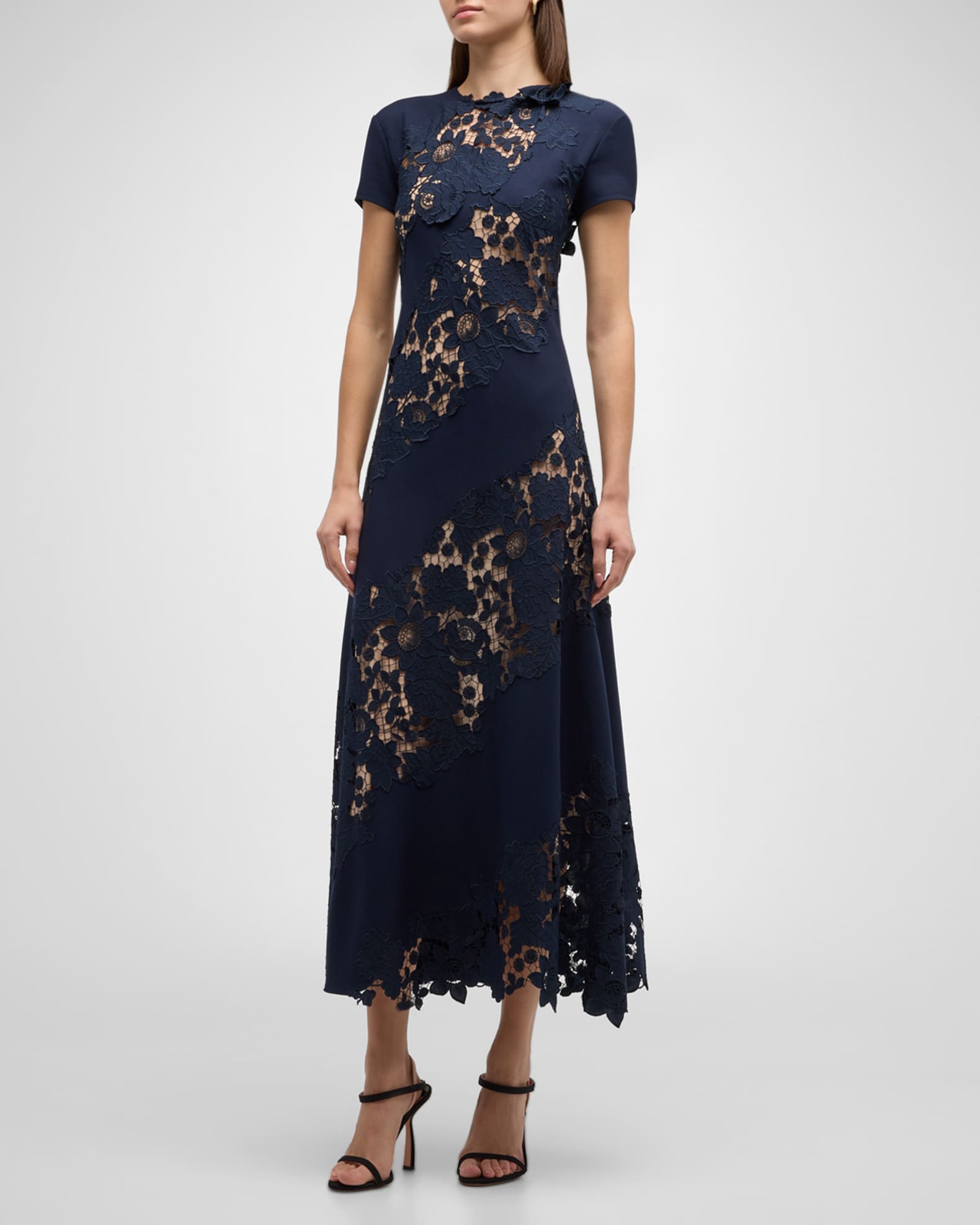 Oscar de la Renta Diagonal Botanical Guipure Inset Cap Sleeve Open