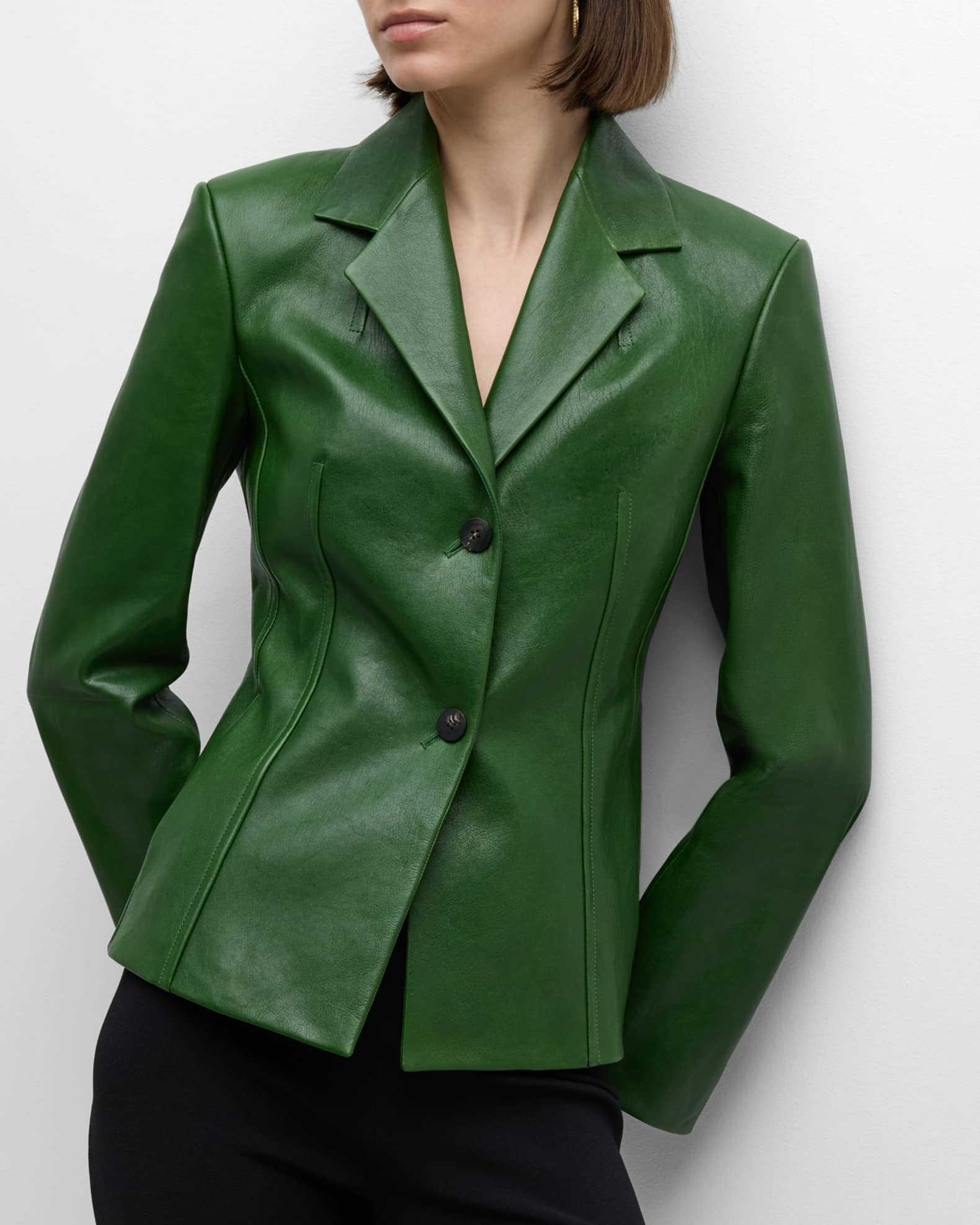 Tailored Leather Blazer with Notched Waist - Green main image 1